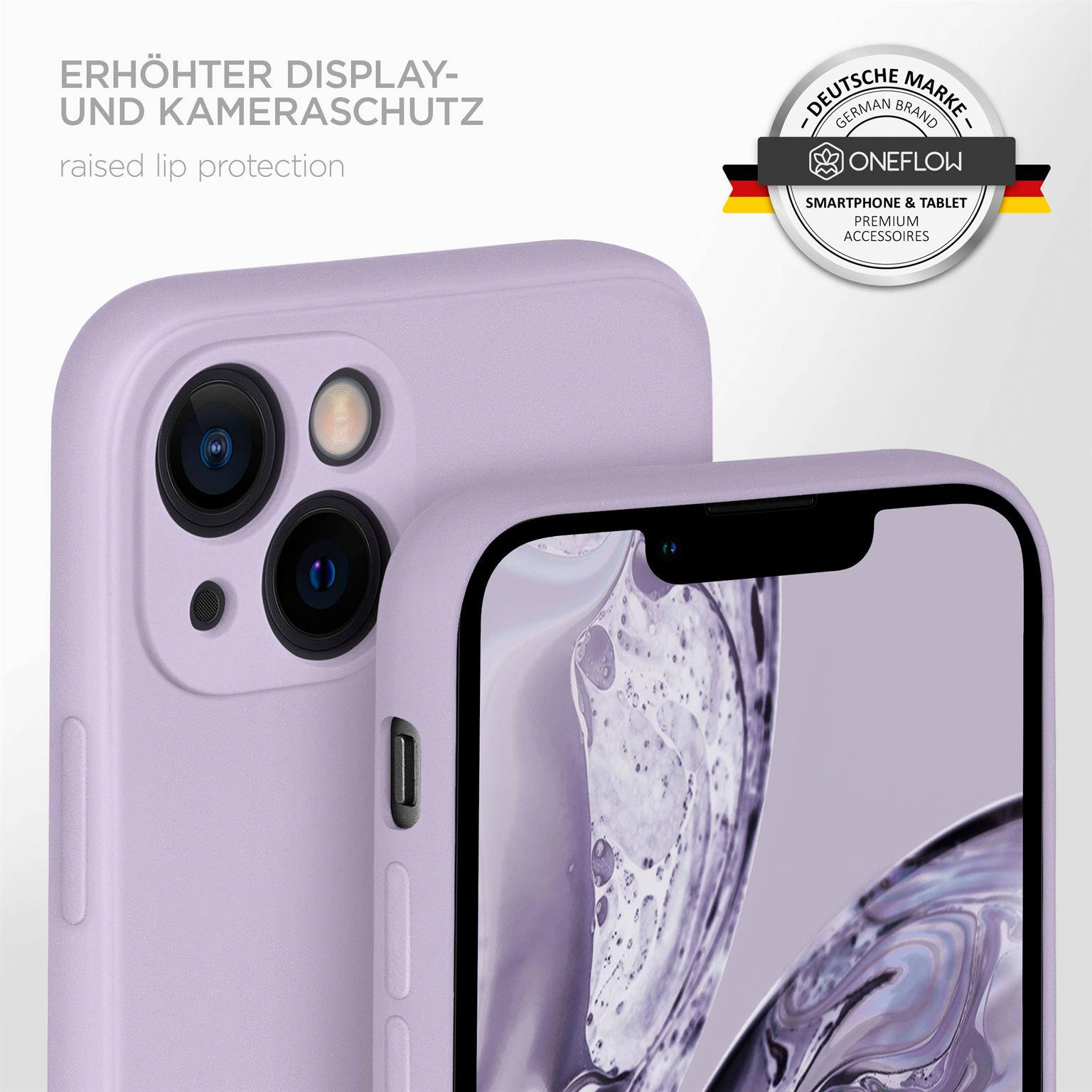 Lila Telefon in Hülle. Erhöhter Displayschutz. Oneflow-Logo sichtbar.