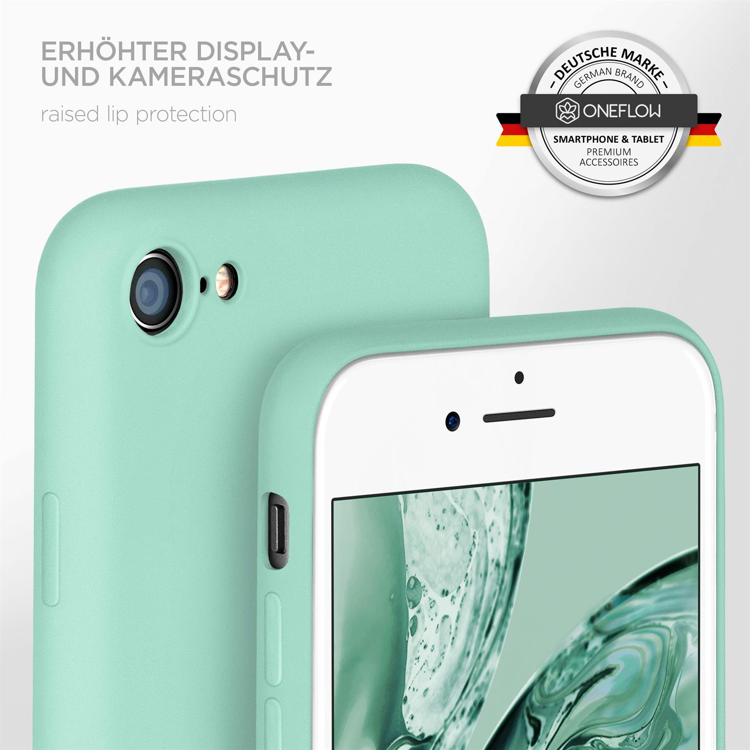 Minzgrüne Handyhülle um ein weißes Telefon, mit erhöhtem Lippenschutz für Bildschirm und Kamera.