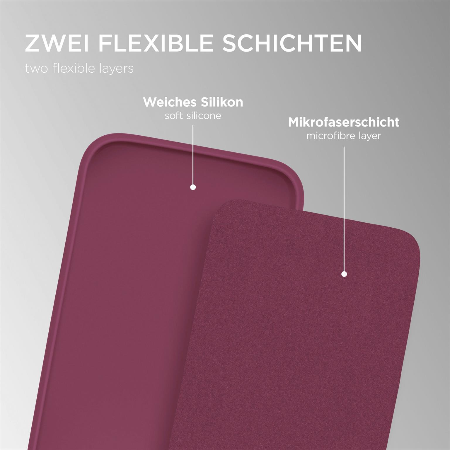 Zwei Schichten aus weinrotem Silikon und Mikrofaser. Der Text auf dem Bild lautet: 