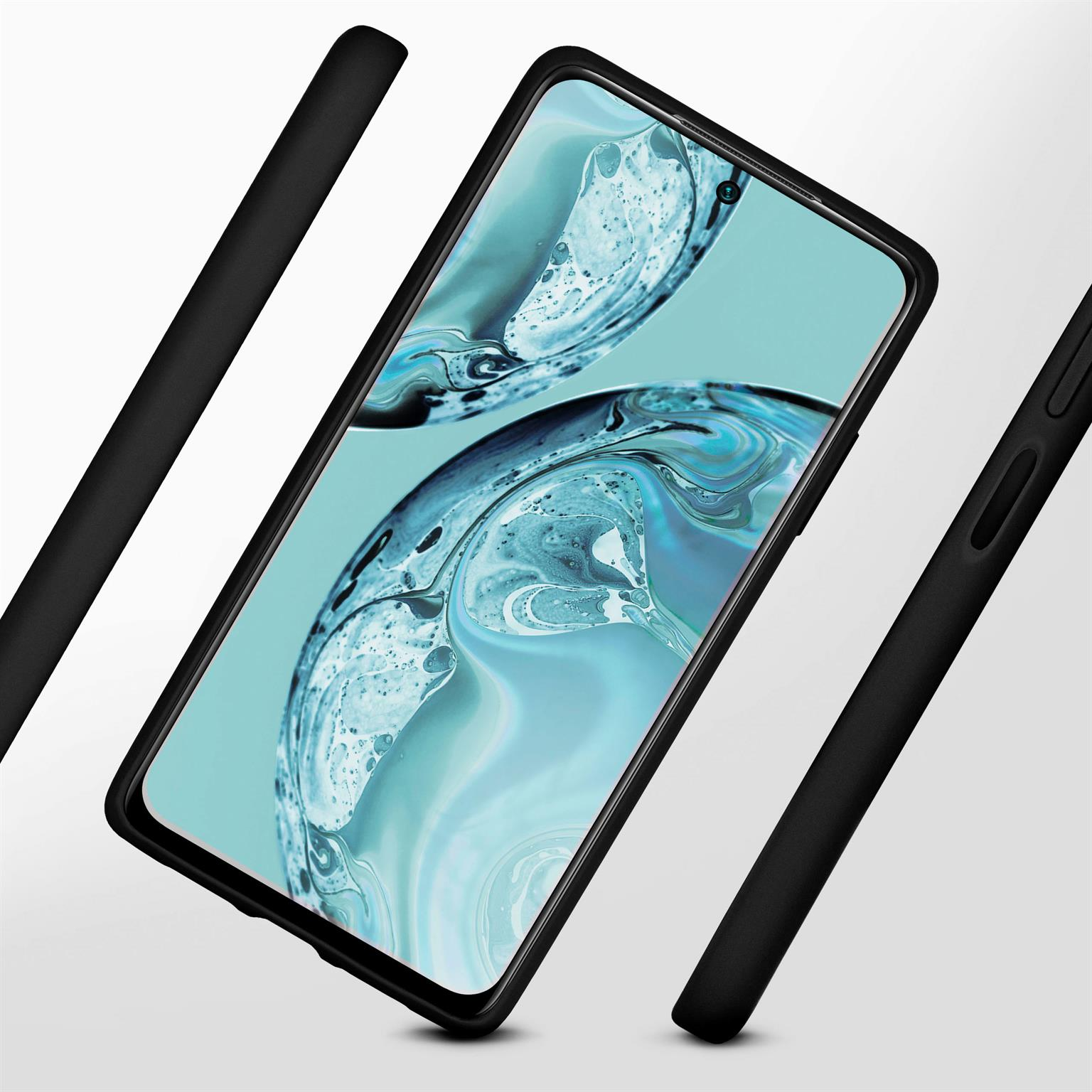 Schwarze Handyhülle mit Display. Drei schwarze Teile, die das Telefon im Inneren zeigen.