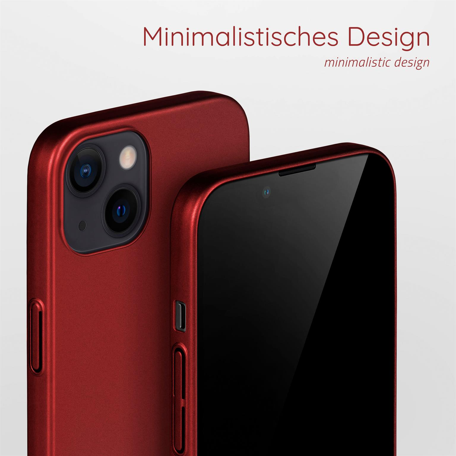 Rote Handyhülle und Telefon auf weißem Hintergrund. Schwarzer Telefonbildschirm. Minimalistisches Design.