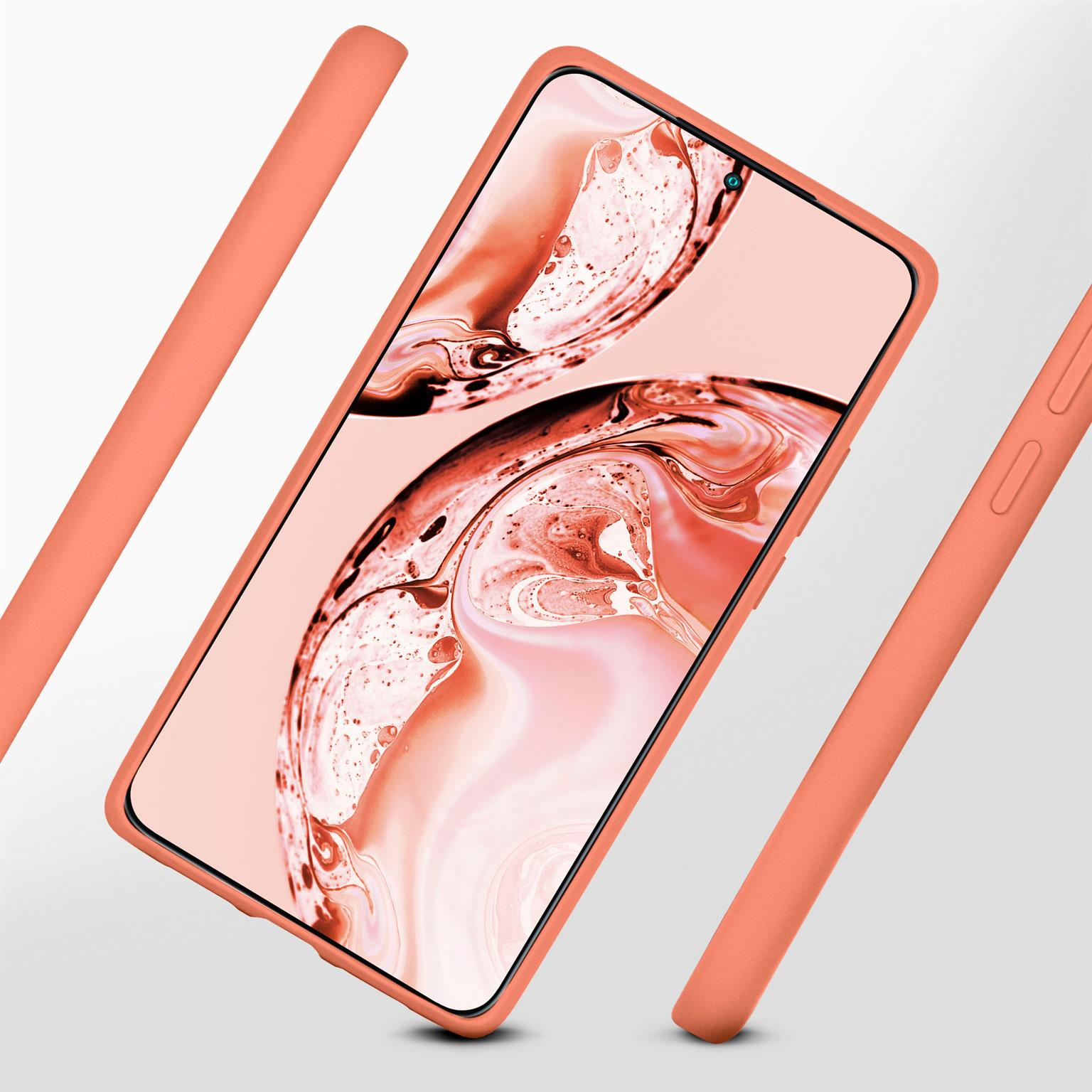 Telefon in einer orangefarbenen Hülle. Telefon und Hülle in verschiedenen Winkeln und Positionen.