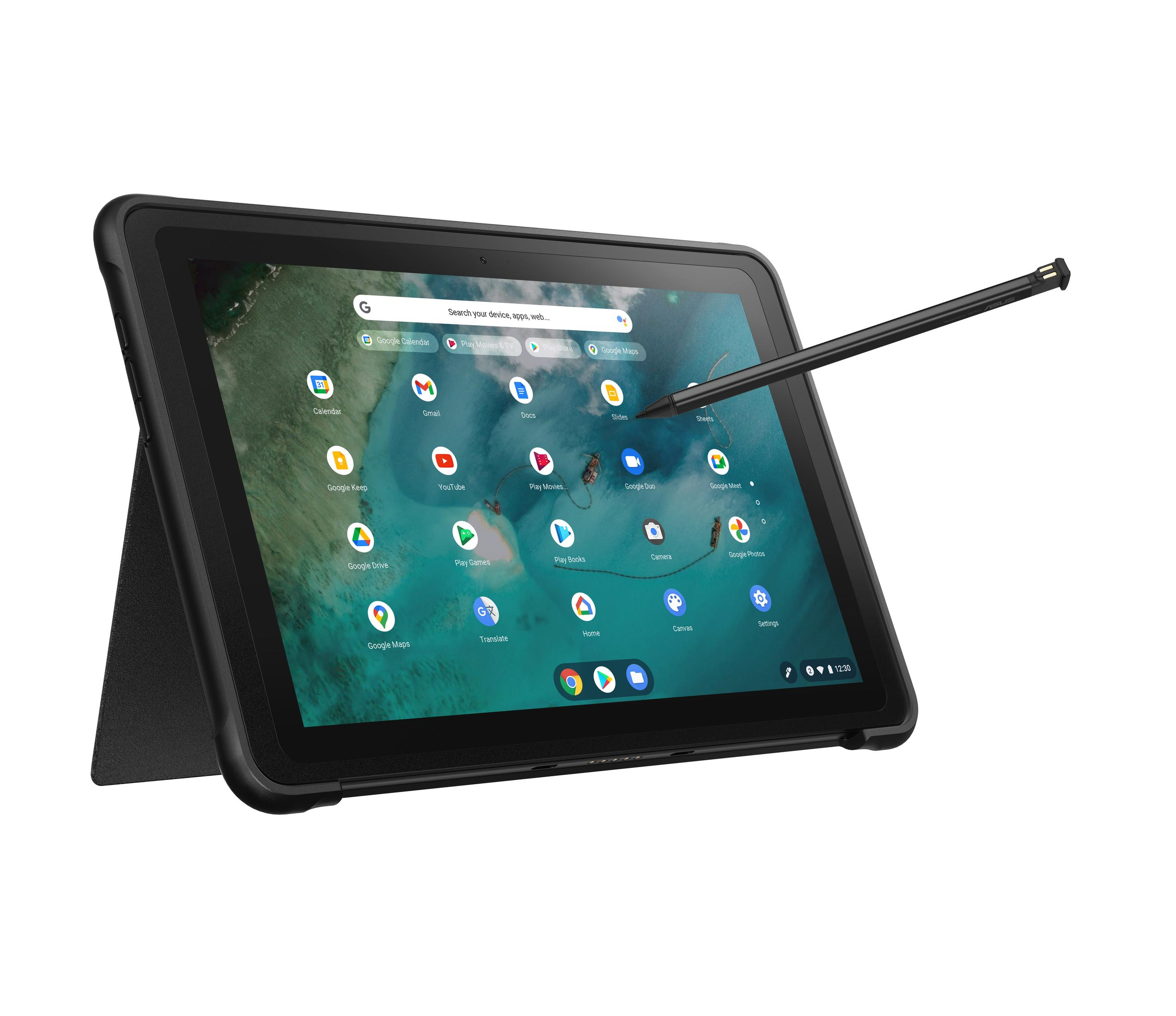 Tablet mit einem Eingabestift. Der Bildschirm ist eingeschaltet und zeigt eine Benutzeroberfläche mit Symbolen.