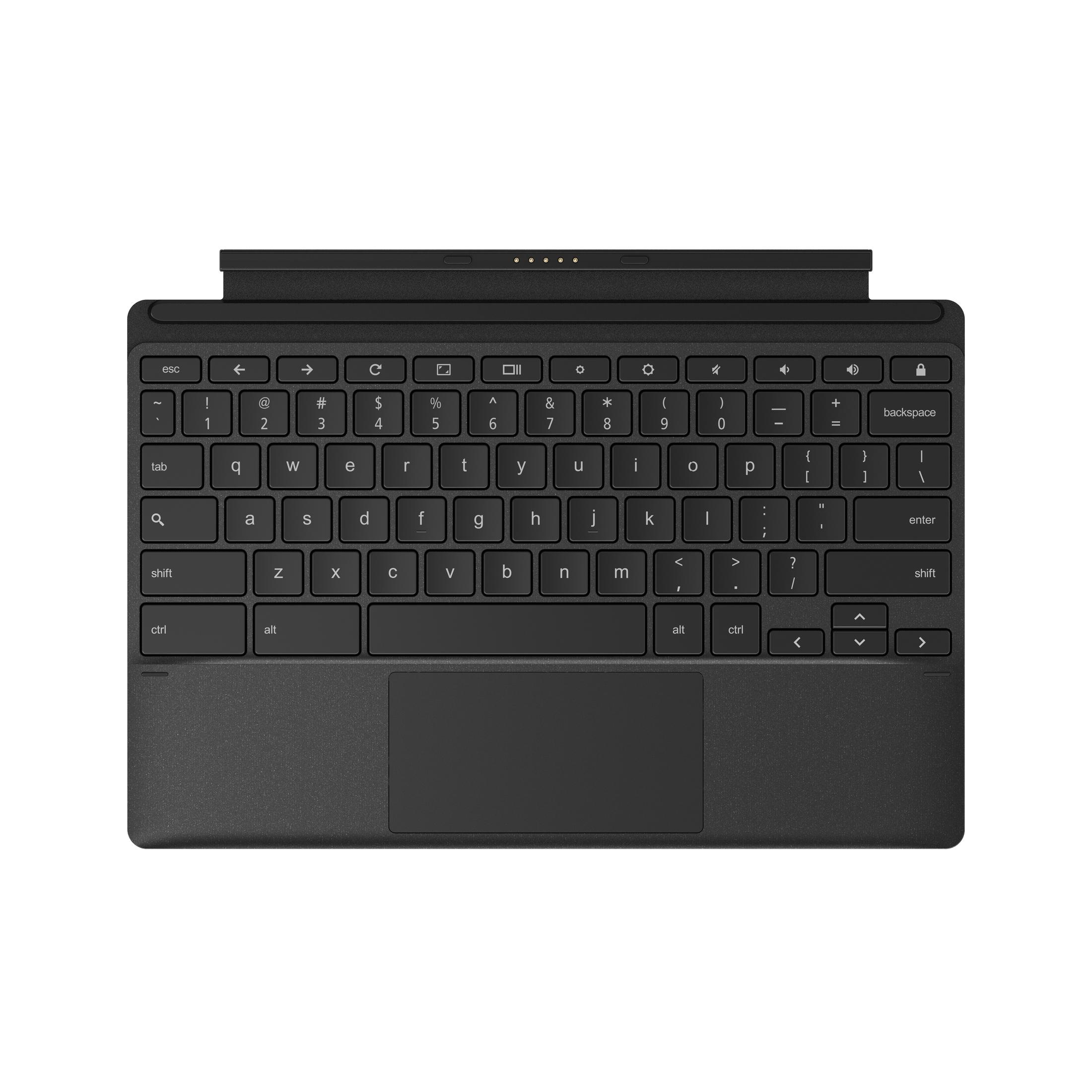 Schwarze Tastatur mit Touchpad. Die Tasten sind schwarz mit weißen Buchstaben.