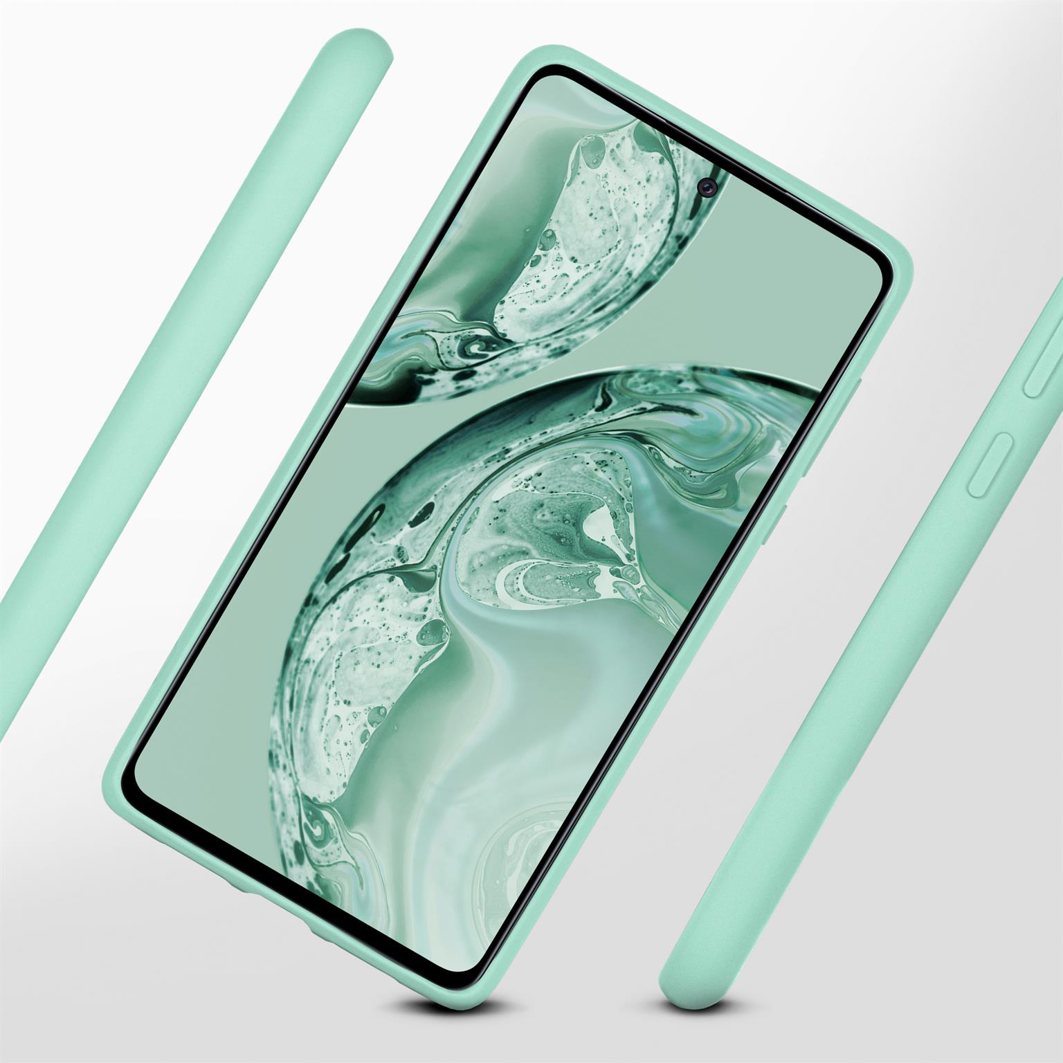 Eine mintgrüne Handyhülle mit einem Telefon darin. Das Telefon und die Hülle sind schräg. Weißer Hintergrund.