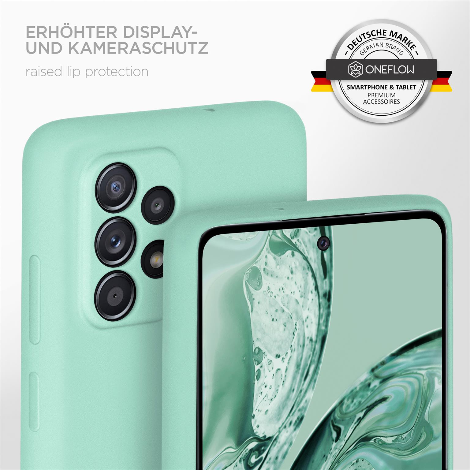 Eine mintgrüne Handyhülle mit einem Telefon und einem Logo, vor weißem Hintergrund.