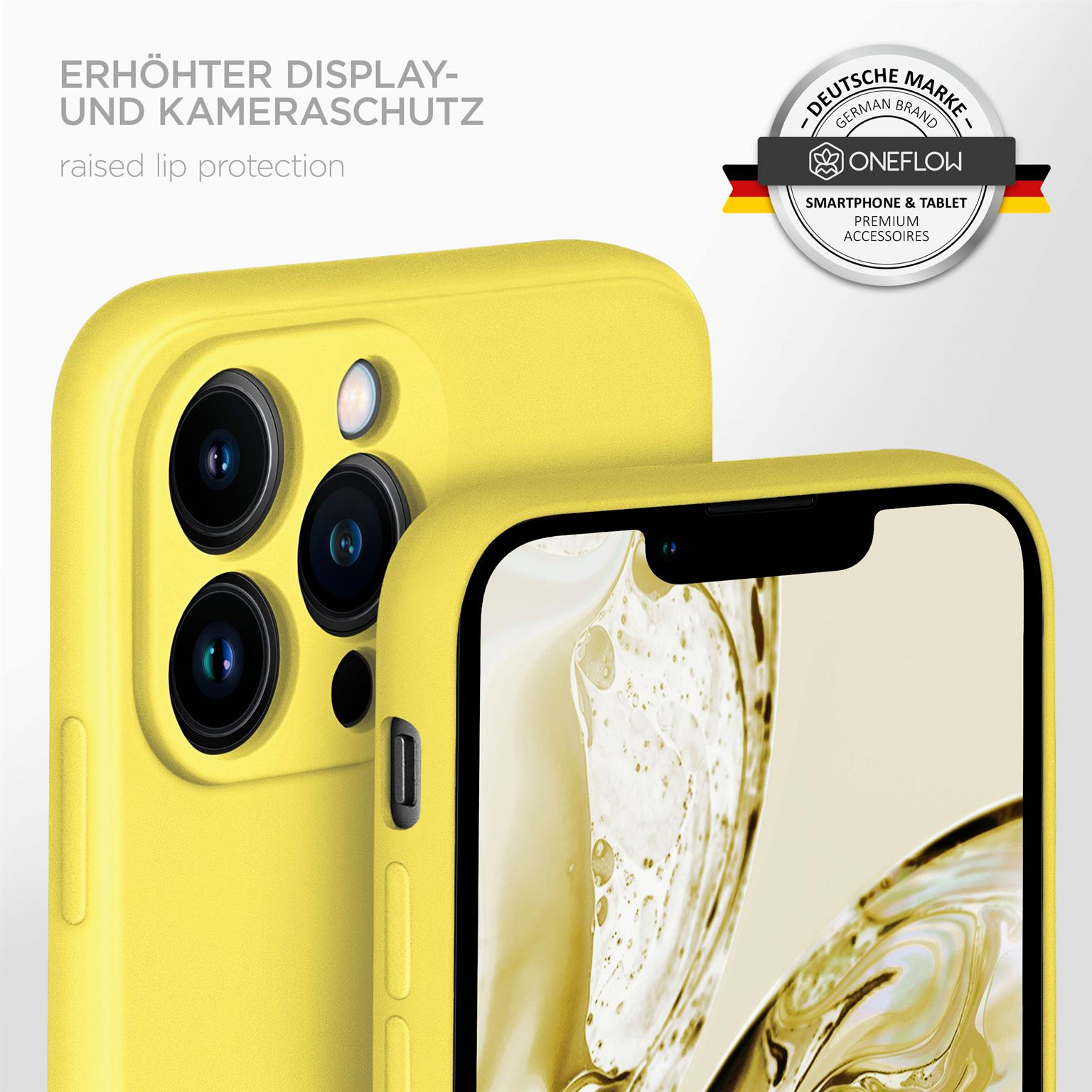 Eine gelbe Handyhülle mit einem Telefon darin. Text und ein Logo befinden sich im Hintergrund.