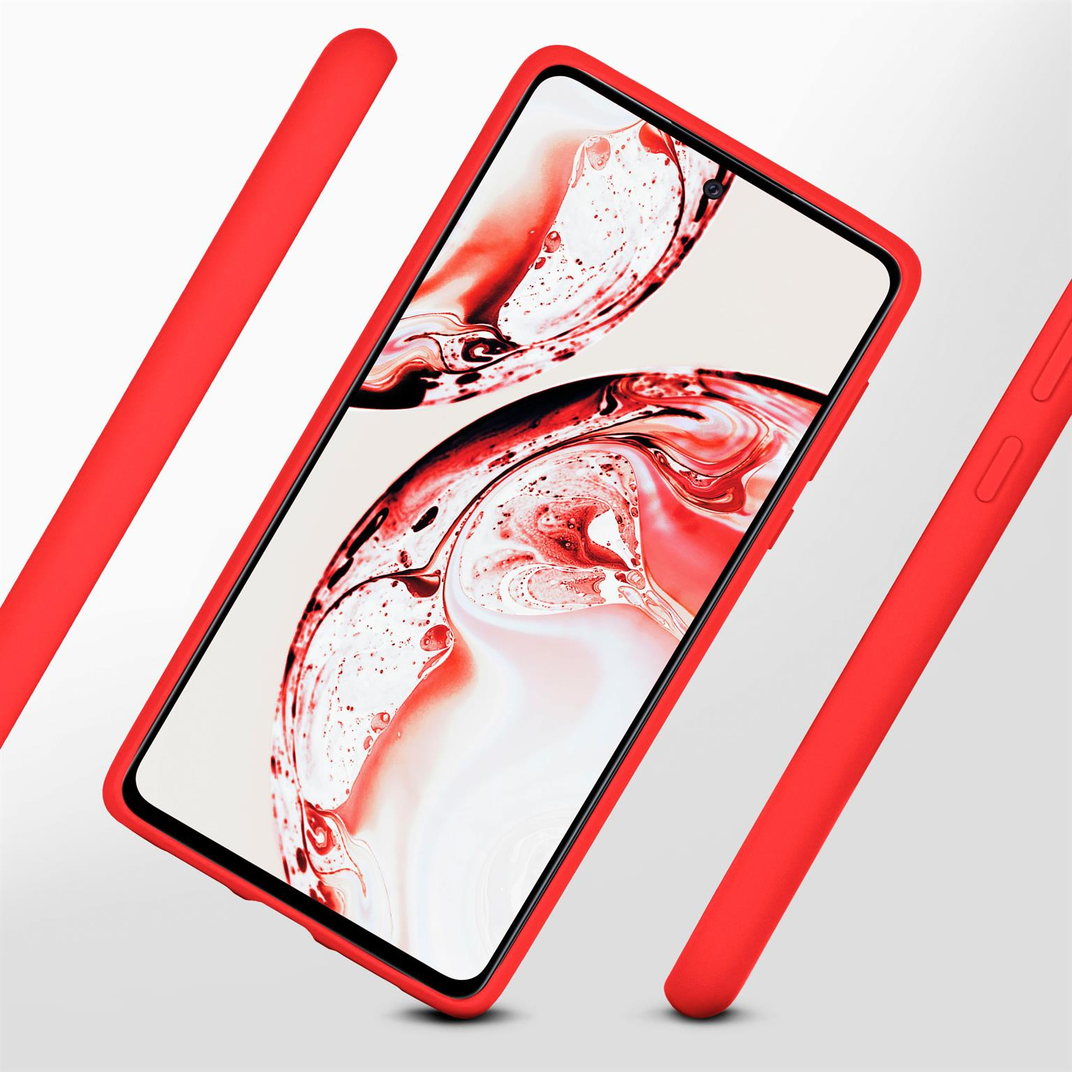 Rote Handyhülle mit Telefon. Das Telefon zeigt ein farbenfrohes abstraktes Bild.