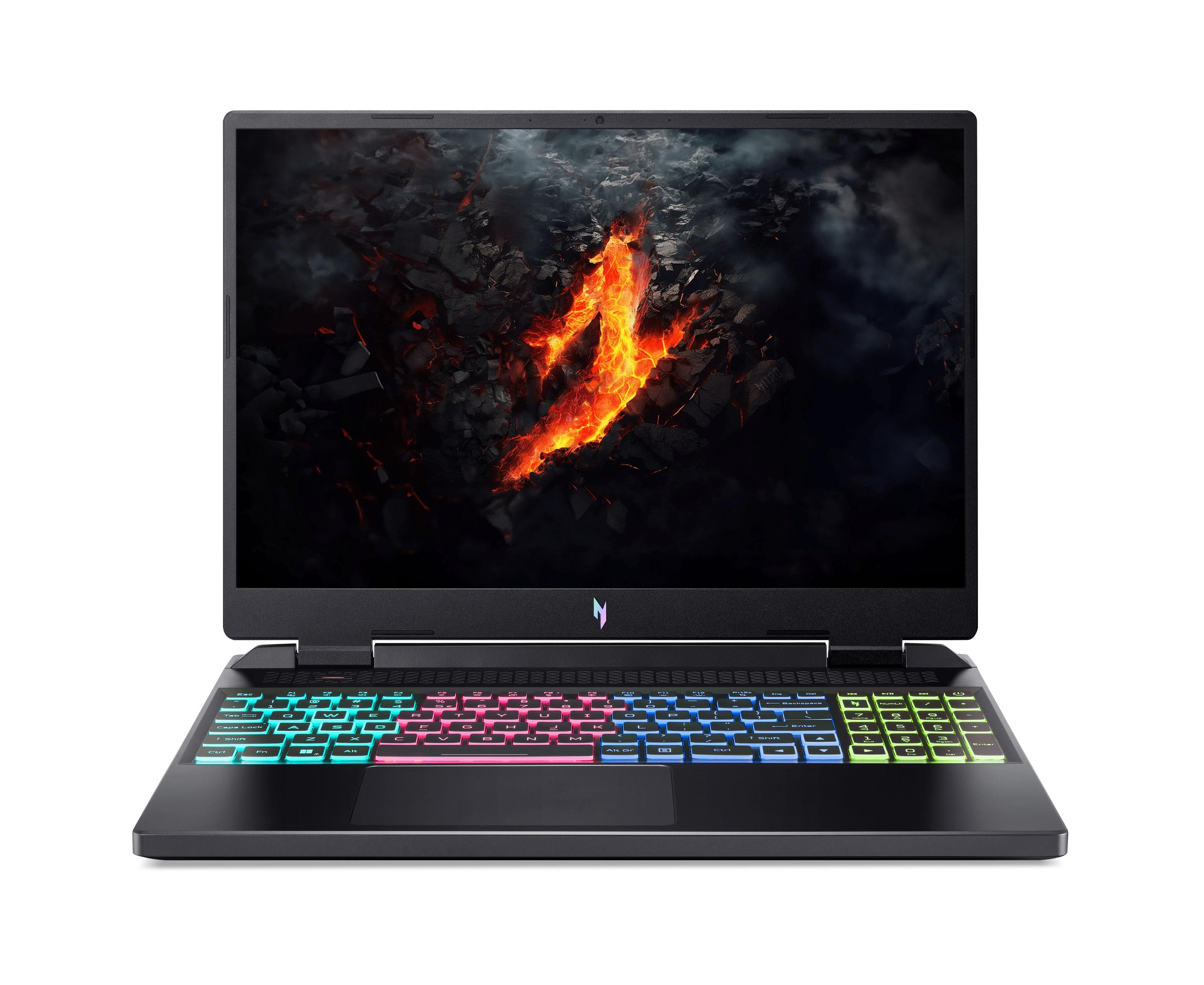 Schwarzer Laptop mit feuerartiger Anzeige. Bunte Tastatur mit Hintergrundbeleuchtung.