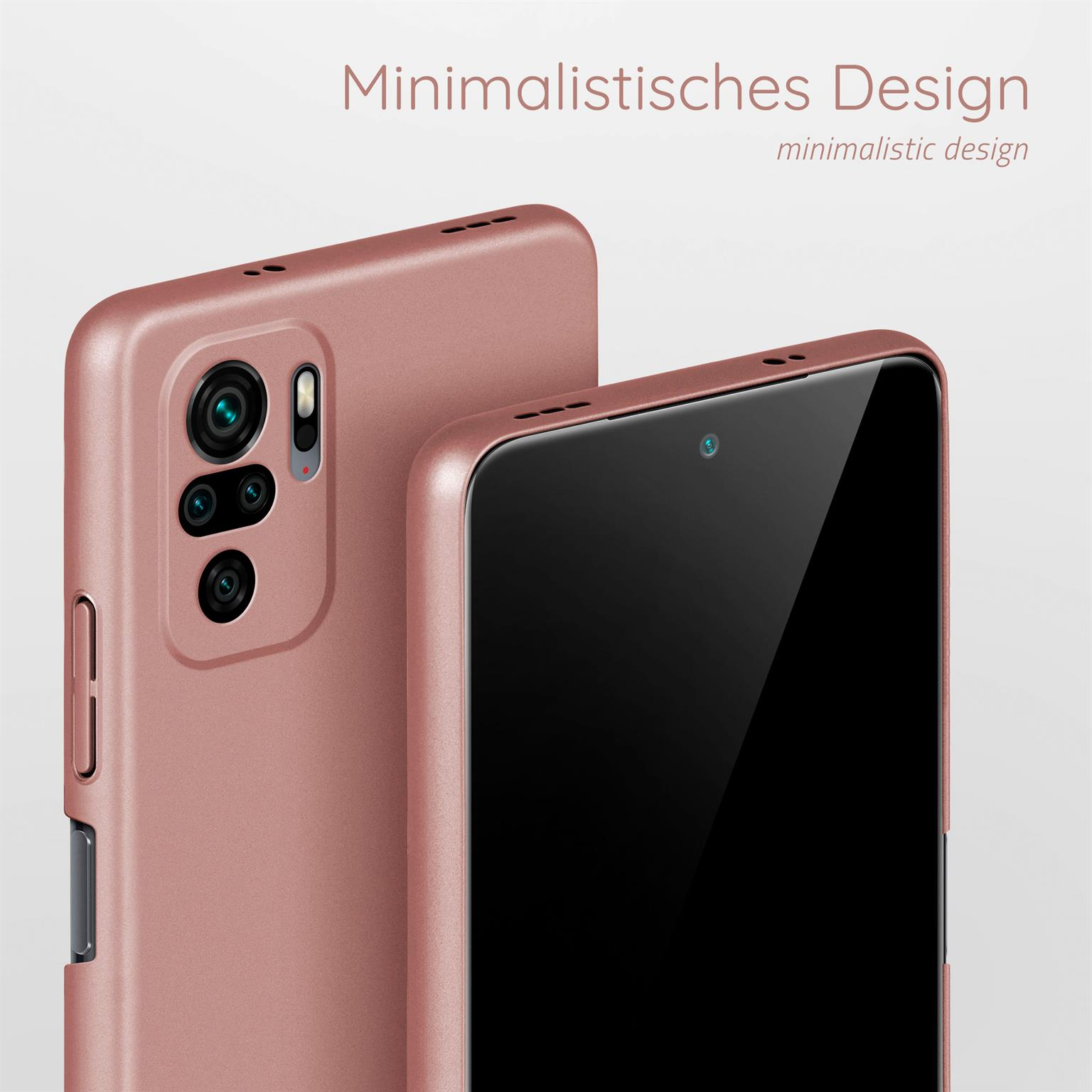 Zwei rosa Handyhüllen, eine zeigt Kameralinsen. Text oben: Minimalistisches Design.