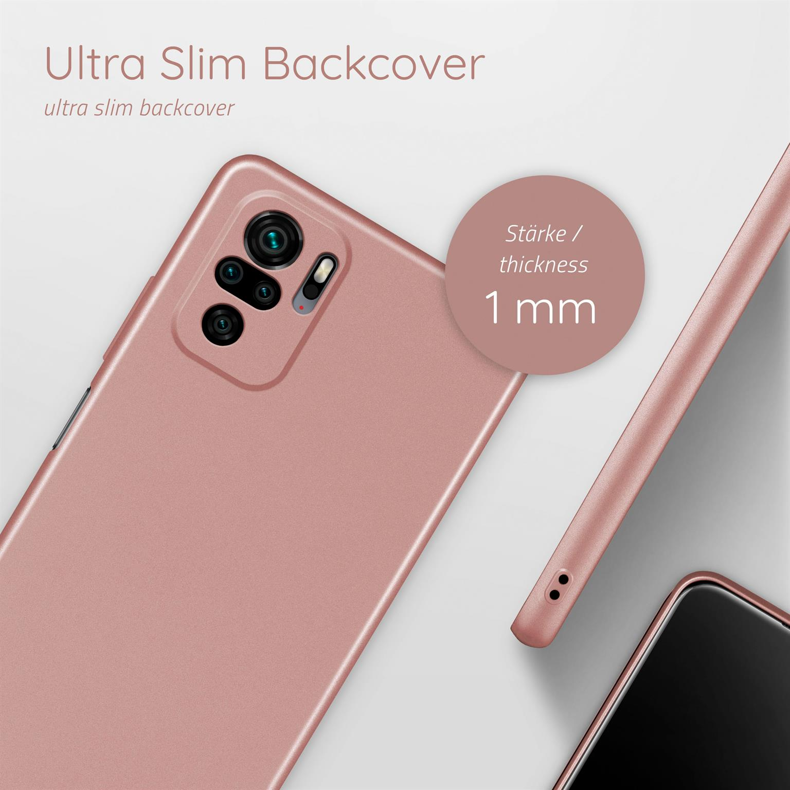 Pinke Handyhülle. Text: Ultra Slim Backcover, Dicke 1 mm.