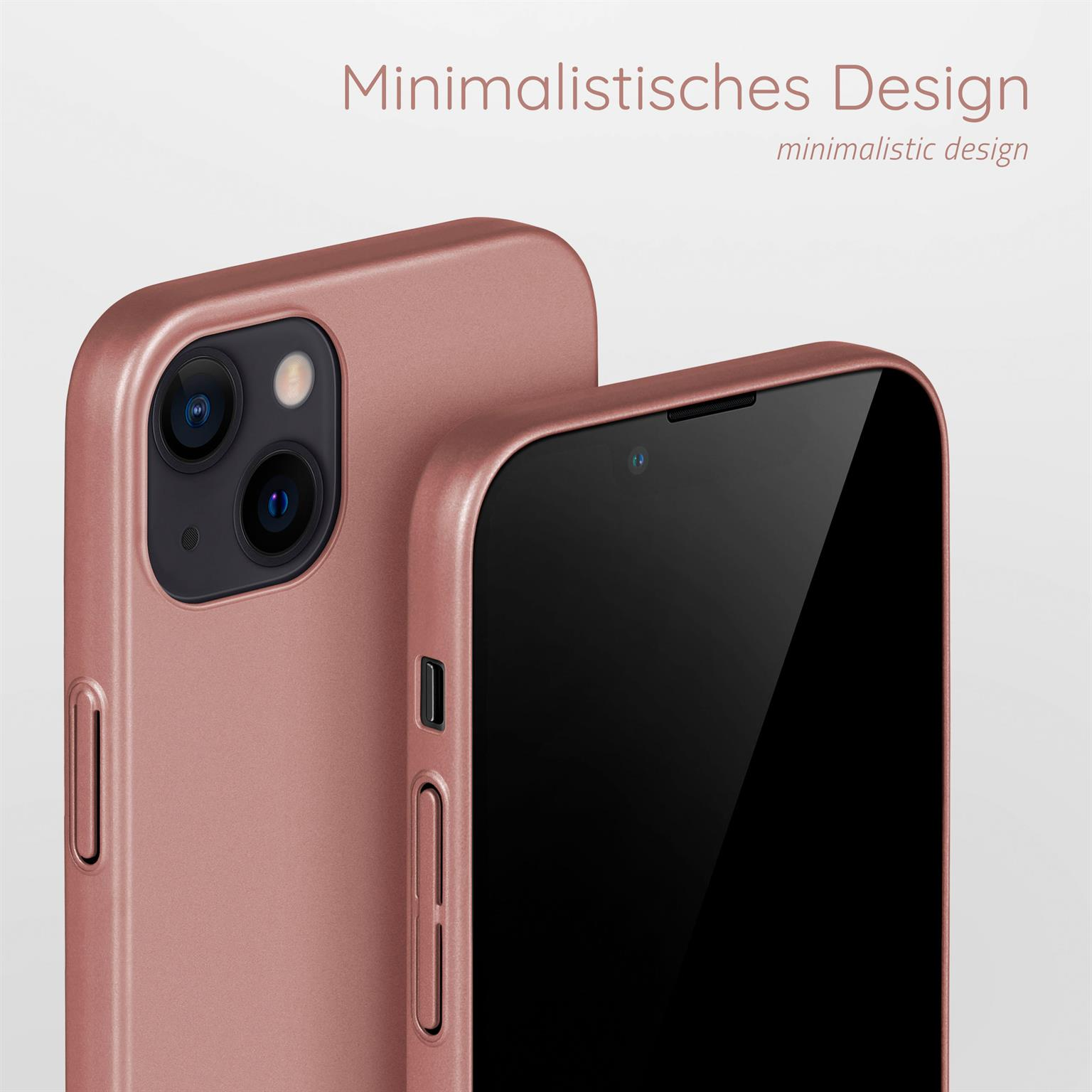 Telefon in roségoldener Hülle mit anderen Teilen der Hülle.