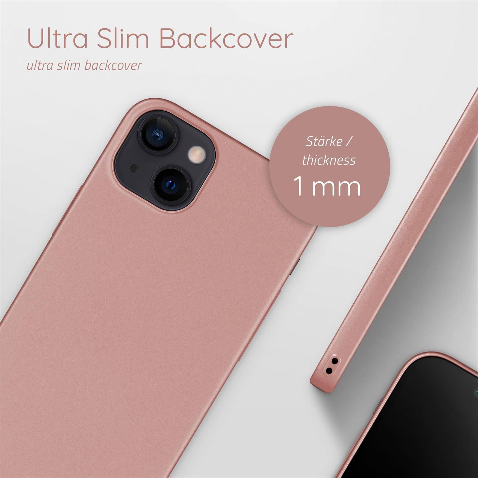Nahaufnahme einer rosa Handyhülle, die das Seitenprofil zeigt. Sie ist dünn mit einer Dicke von 1 mm.