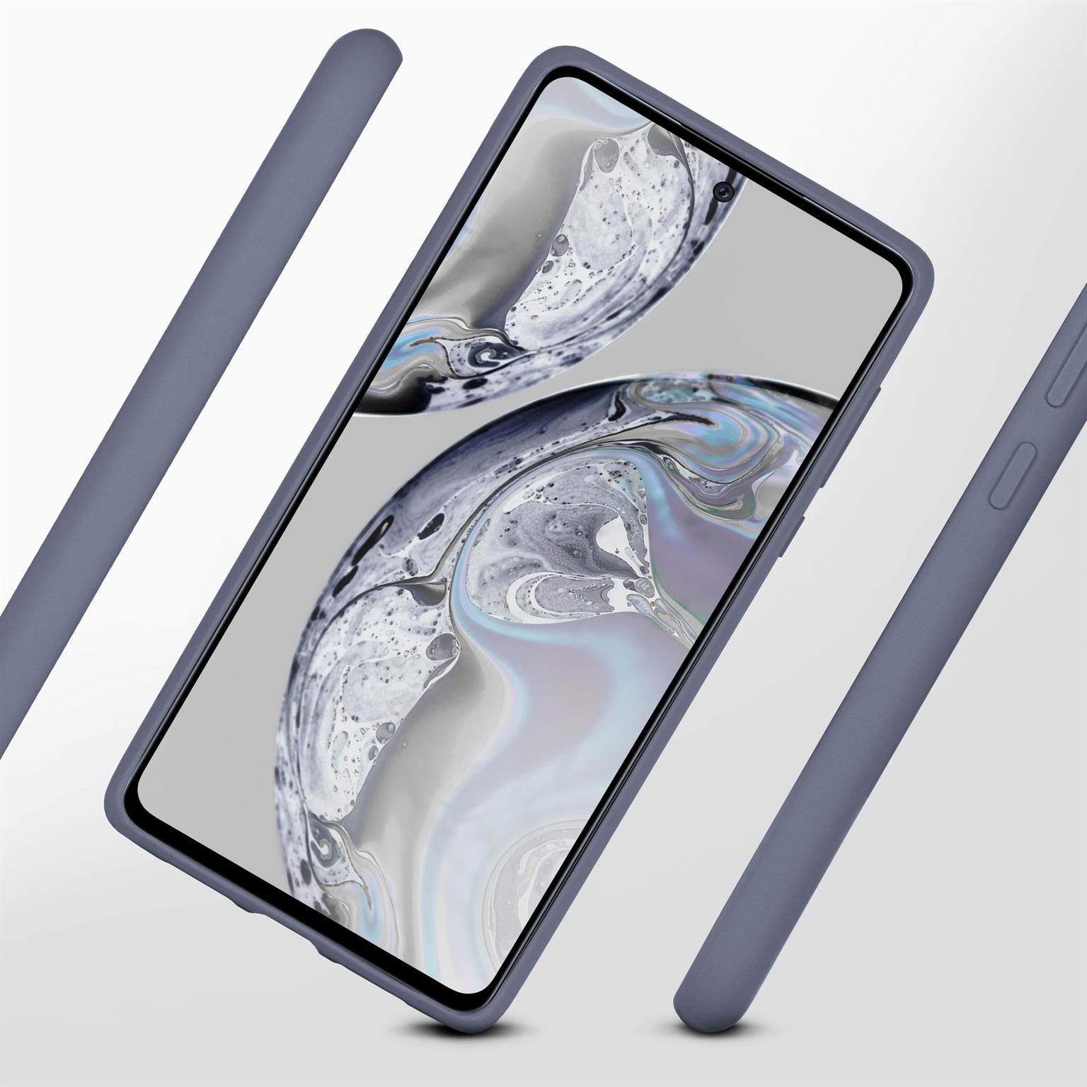 Ein blaues Telefon in einem Gehäuse ist abgewinkelt, mit Gehäuseelementen, vor weißem Hintergrund.