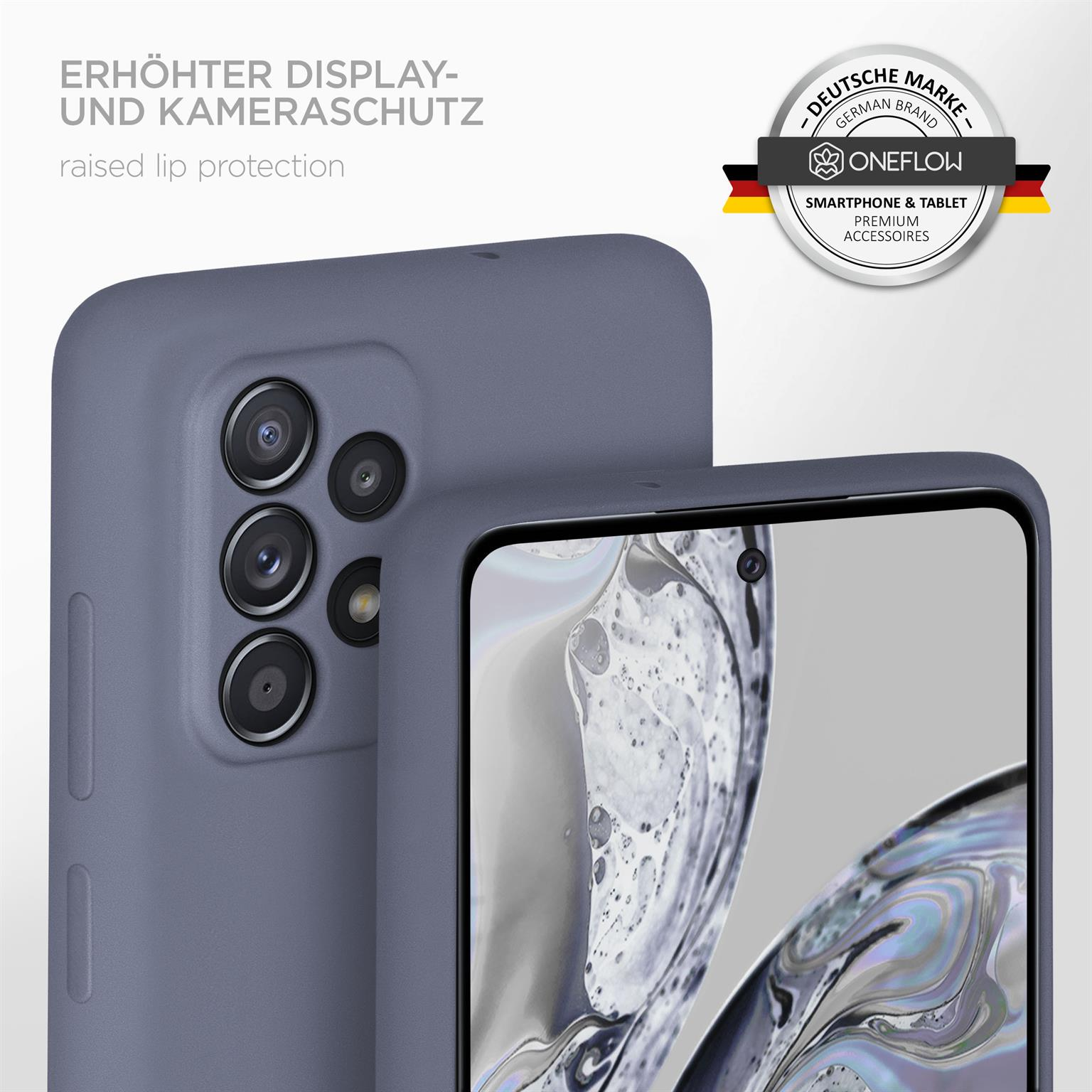 Nahaufnahme einer blauen Handyhülle, die ein Telefon bedeckt. Die Hülle hat Kameraschutz. Text: 'Erhöhter Lippenschutz'.