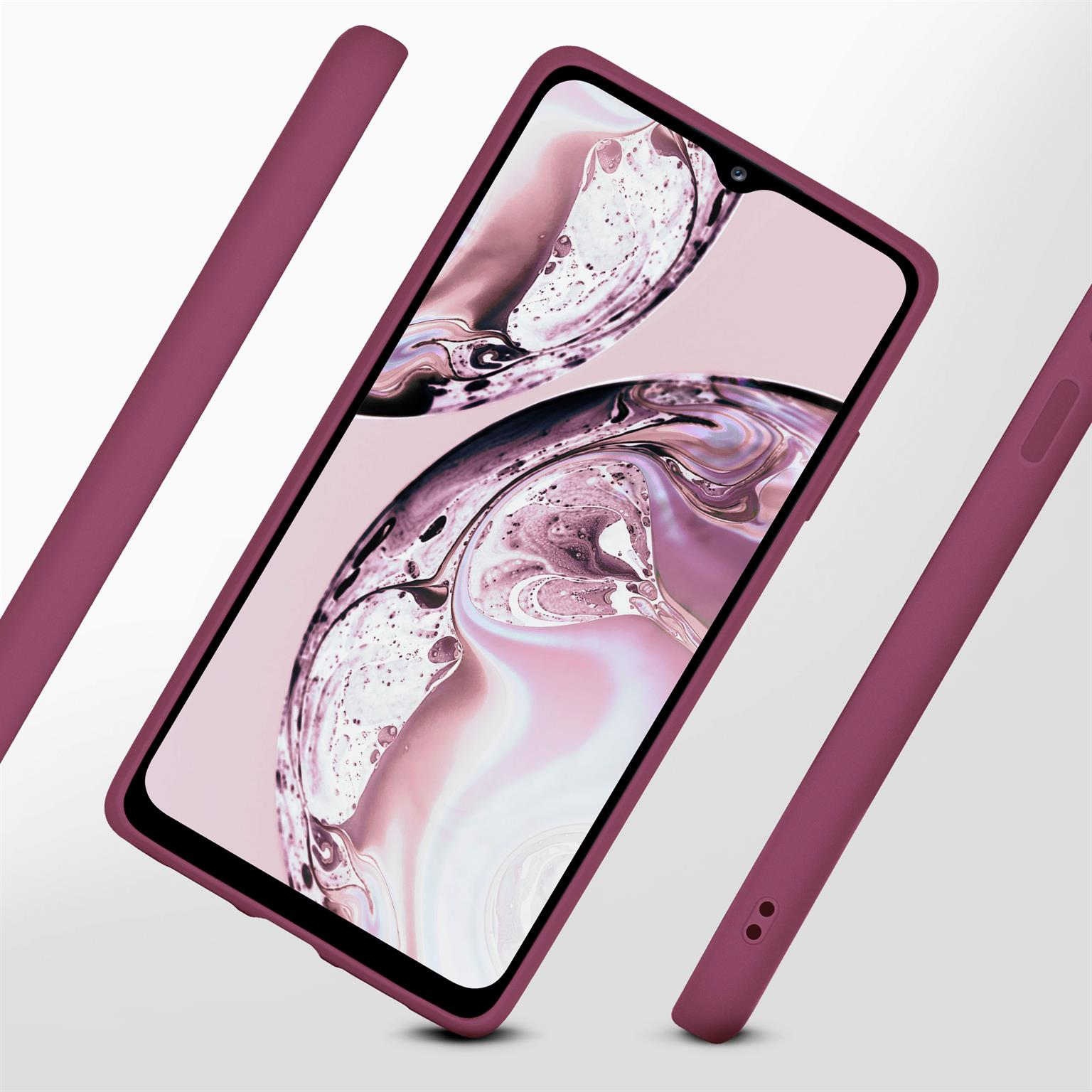 Handyhülle mit Telefon. Die Hülle ist dunkelrot. Hintergrund: weiß.