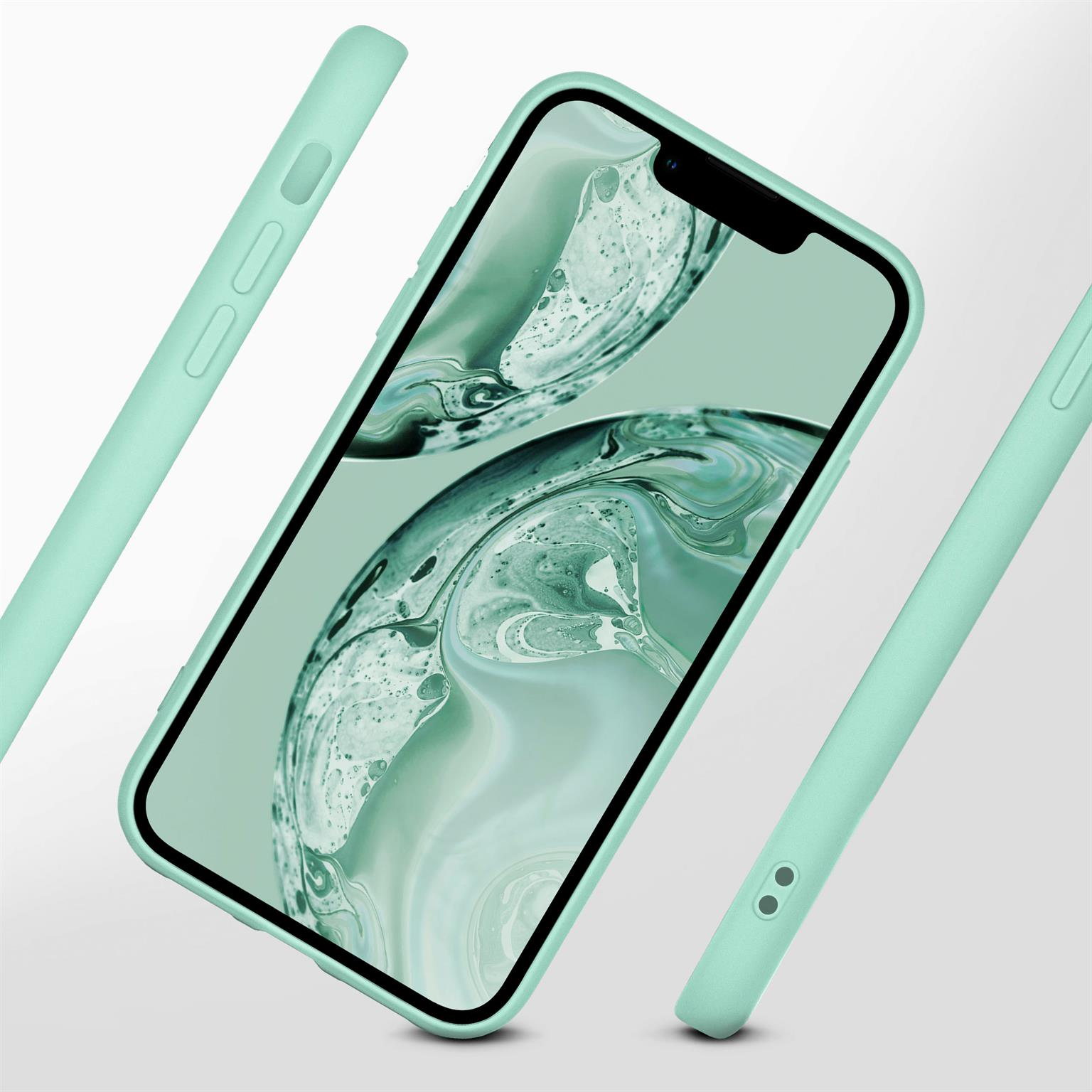 Telefon in hellgrüner Hülle. Drei Winkel. Weißer Hintergrund. Hülle umgibt Telefon, zeigt Bildschirm, Seite und Boden.