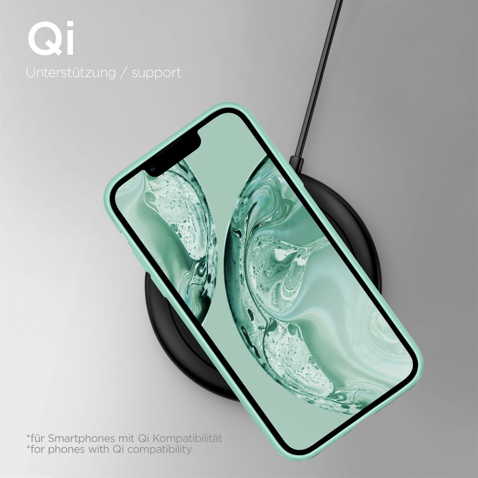 Telefon in mintfarbener Hülle auf schwarzem kabellosen Ladegerät. Text: Qi, Unterstützung. Unten: Telefone mit Qi.