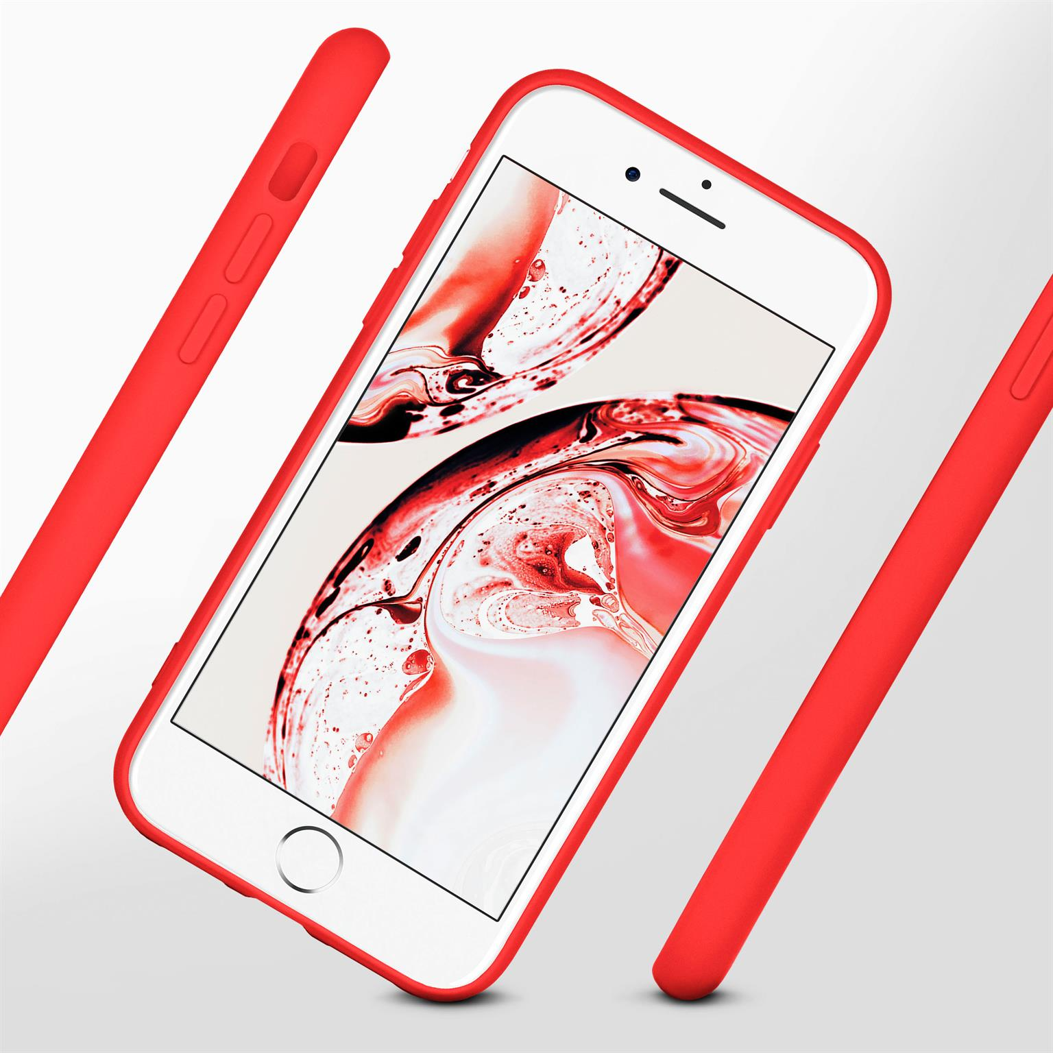 Eine rote Handyhülle auf einem Telefon. Text oben und mehrere Ansichten der Hülle.