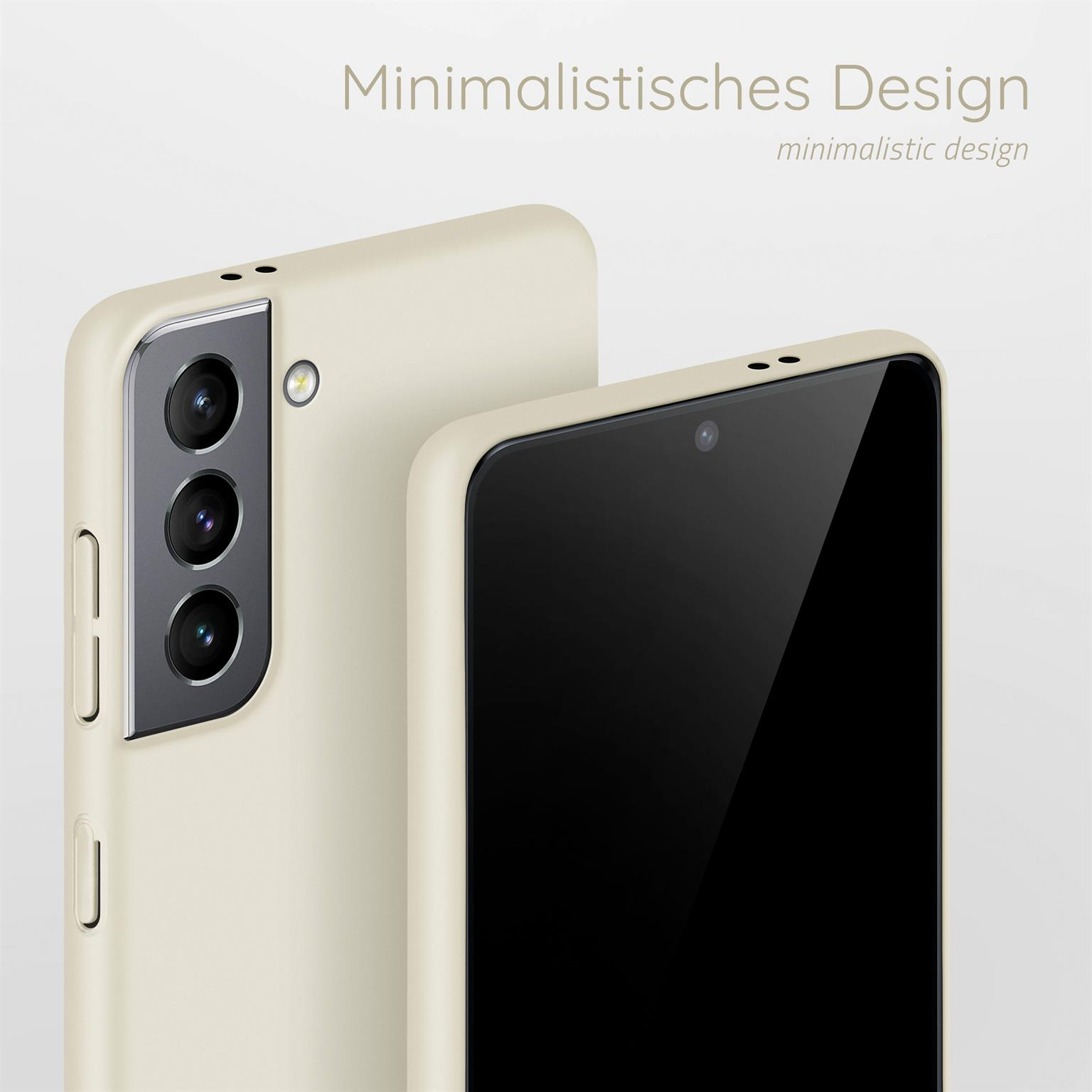 Telefon in beigem Gehäuse. Das Design ist minimalistisch. Text: Minimalistisches Design.