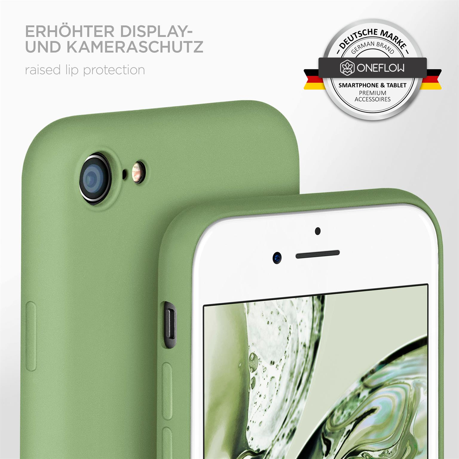 Grüne Handyhülle auf weißem Handy. Text: erhöhter Display- und Kameraschutz.