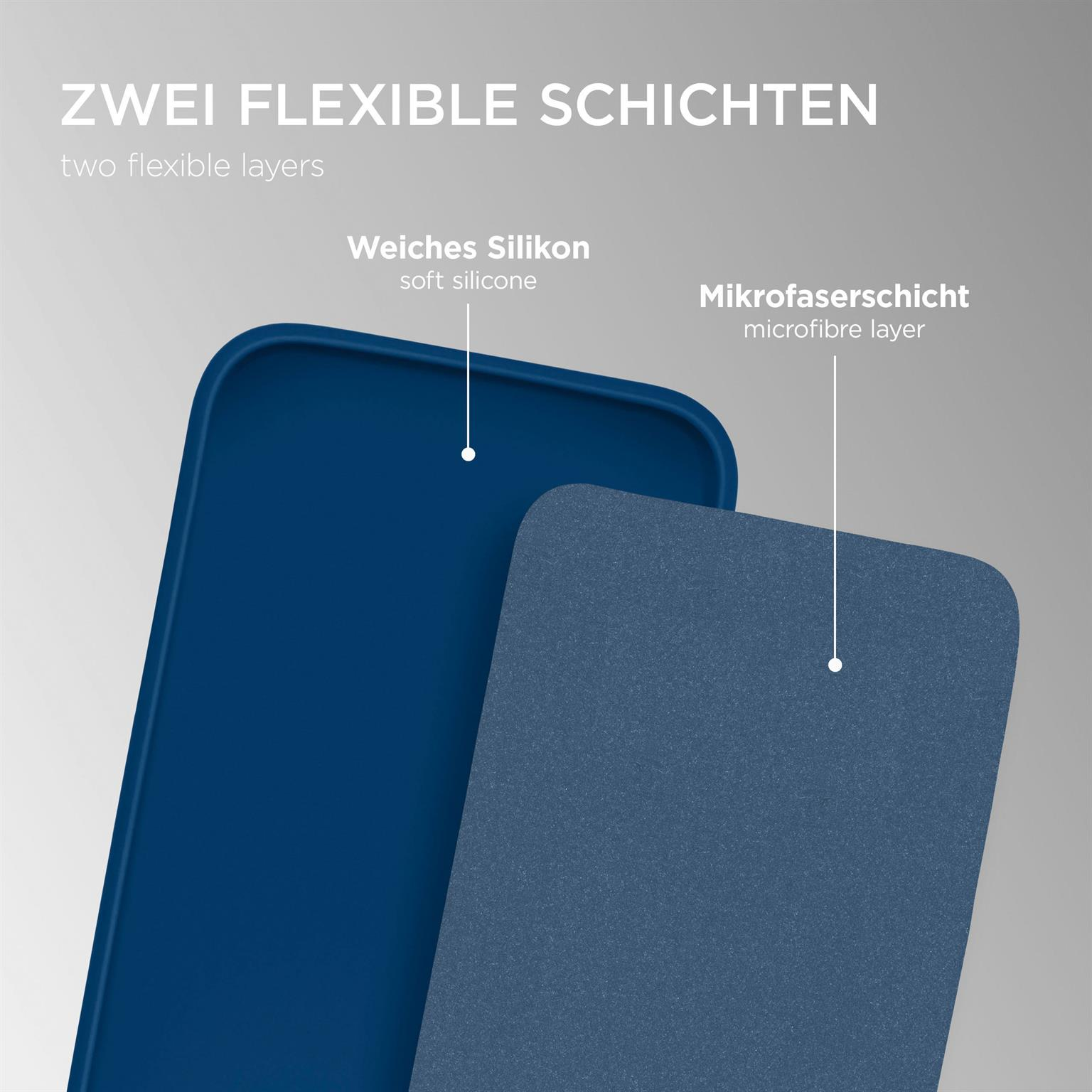 Zwei-Schichten-Handyhülle, weiches Silikon und Mikrofaser, in Blau.