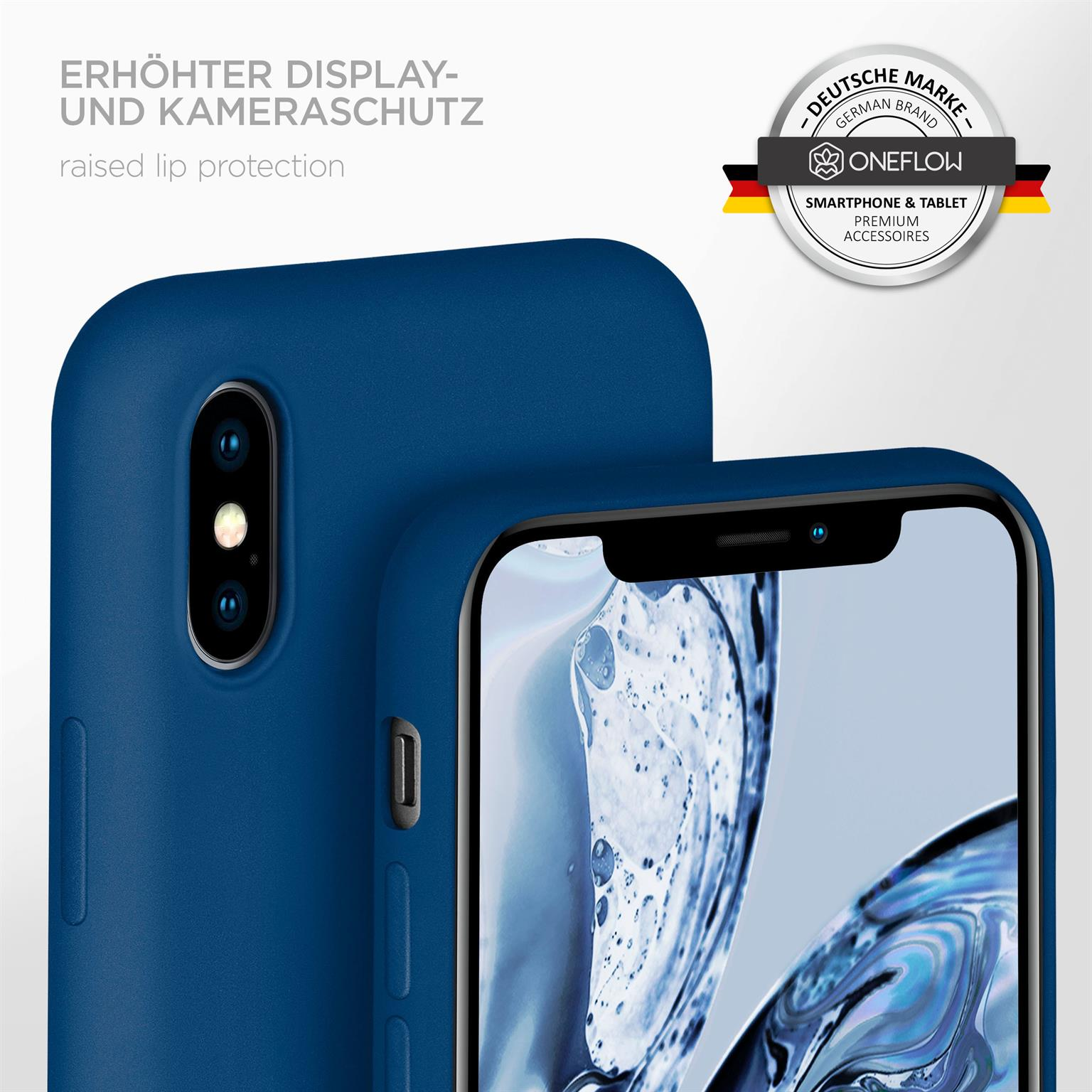 Blaues Telefon in blauer Hülle. Text oben links. Deutsches Markenlogo rechts.