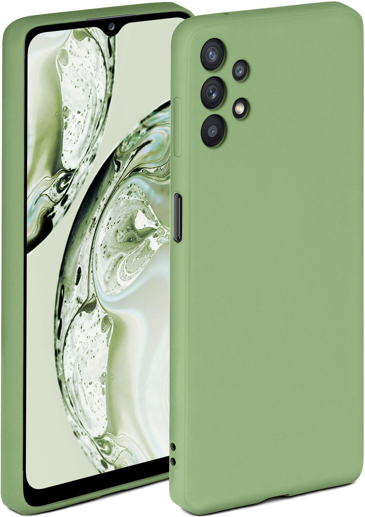 Grünes Telefon in grüner Hülle, mit weißem Bildschirm.