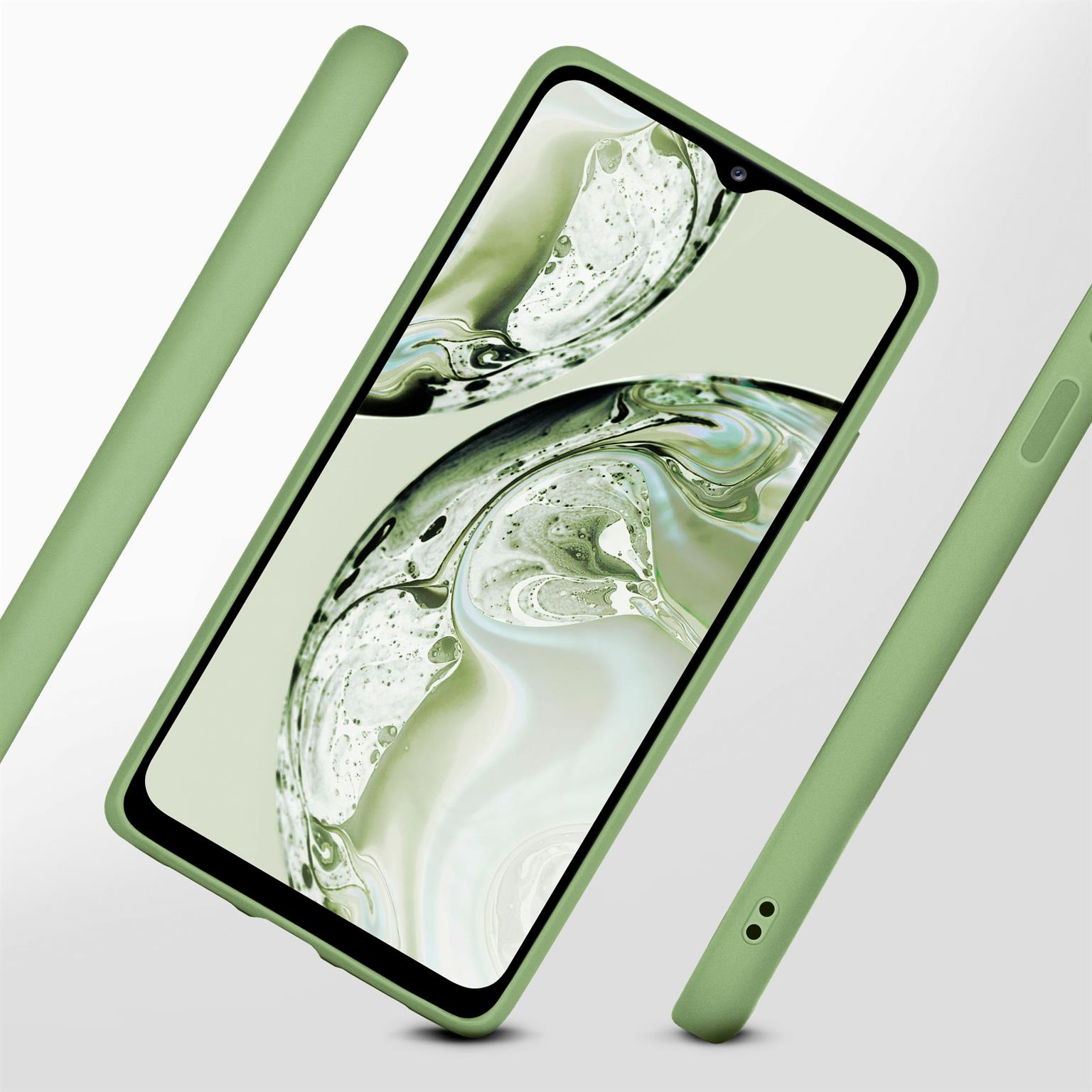 Ein Telefon mit grüner Hülle. Mehrere grüne Gehäuseelemente schweben darum. Grüner Hintergrund.