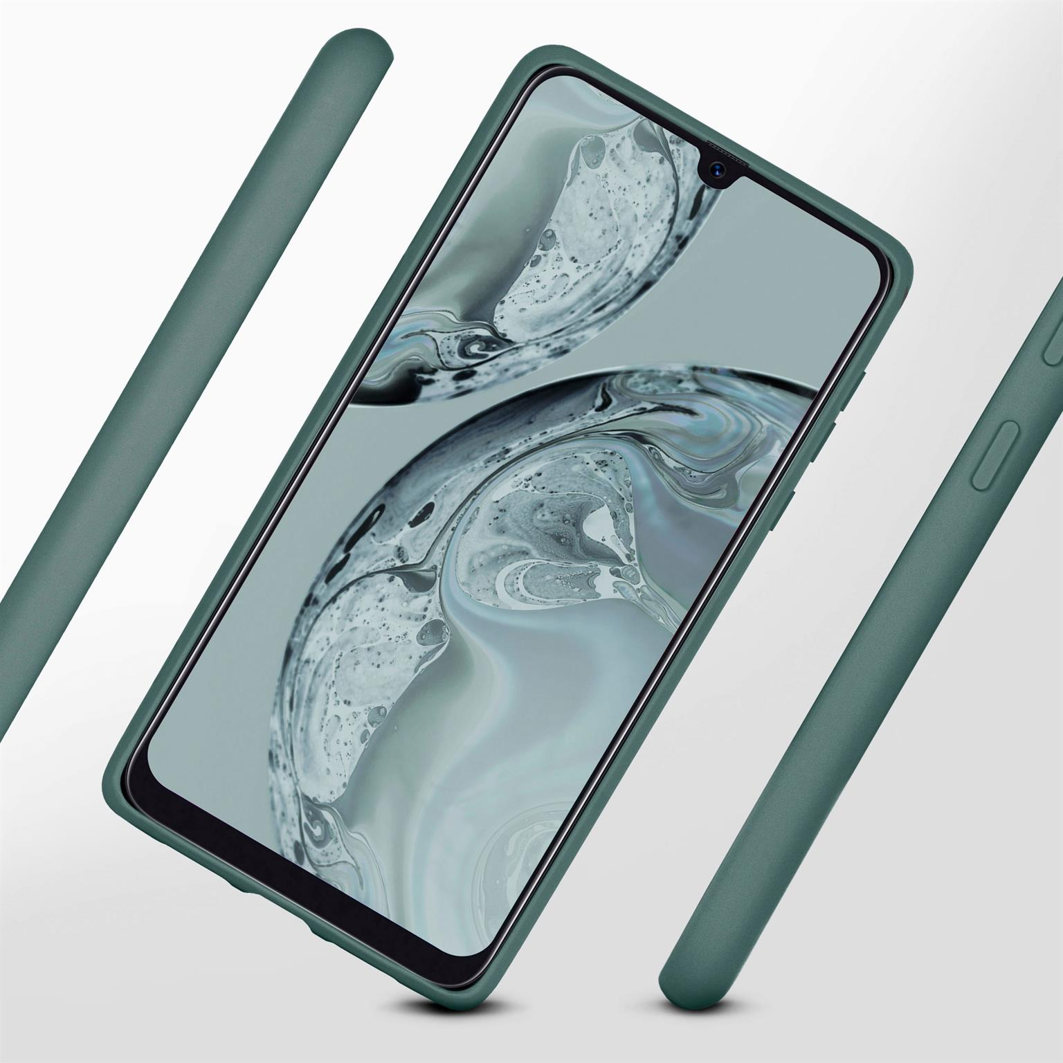 Ein Telefon mit grüner Hülle und zwei schwebenden Seitenteilen. Auf hellem Hintergrund.