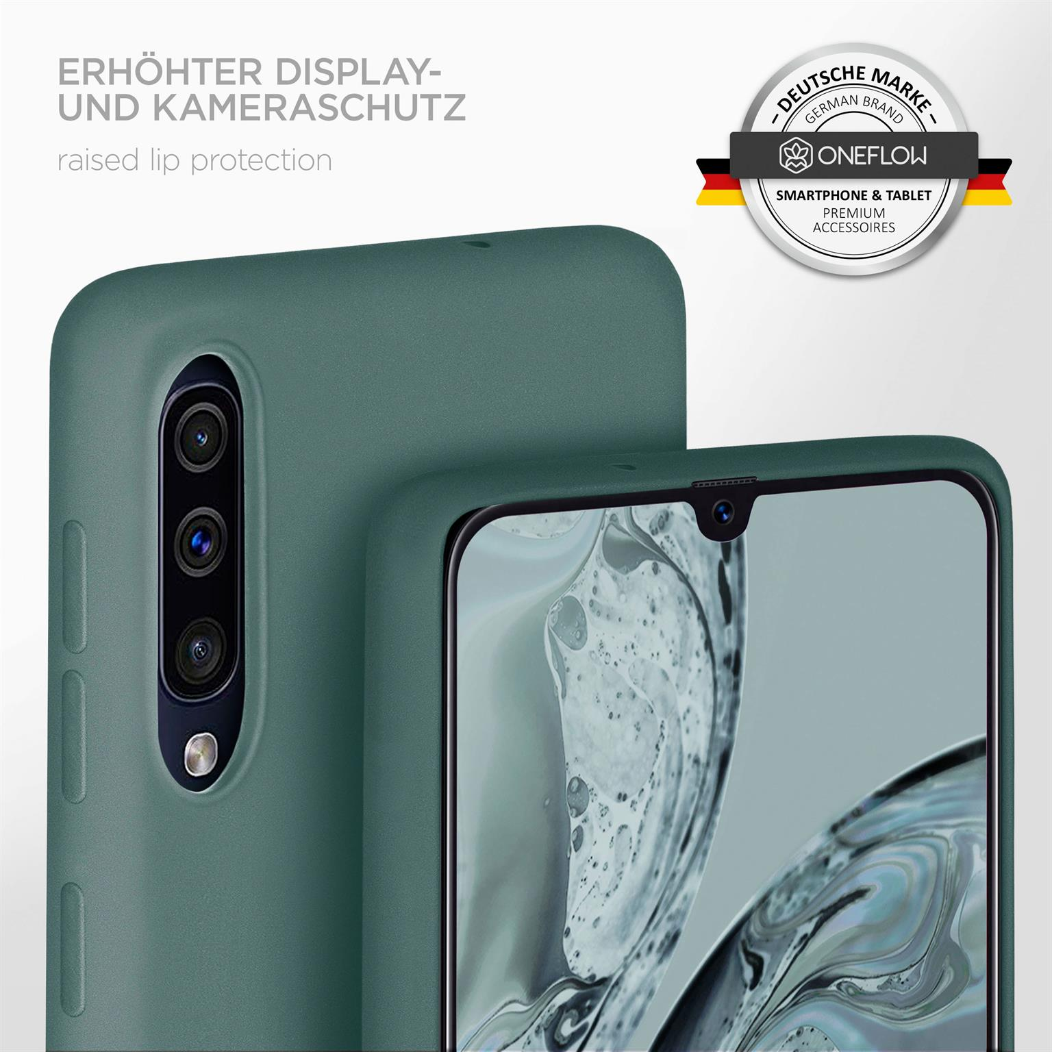 Grüne Handyhülle mit Telefon, das Telefon hat mehrere Kameras.