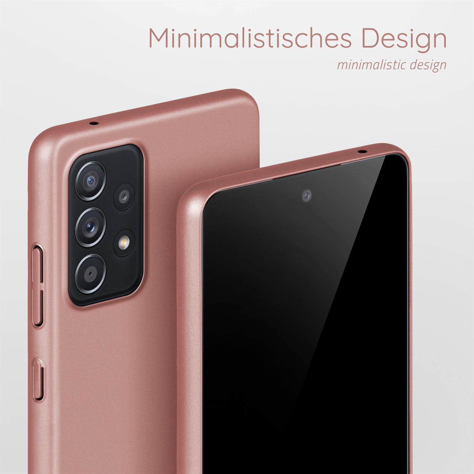 Zwei roségoldene Handyhüllen, eine mit Kamera, die andere dahinter.