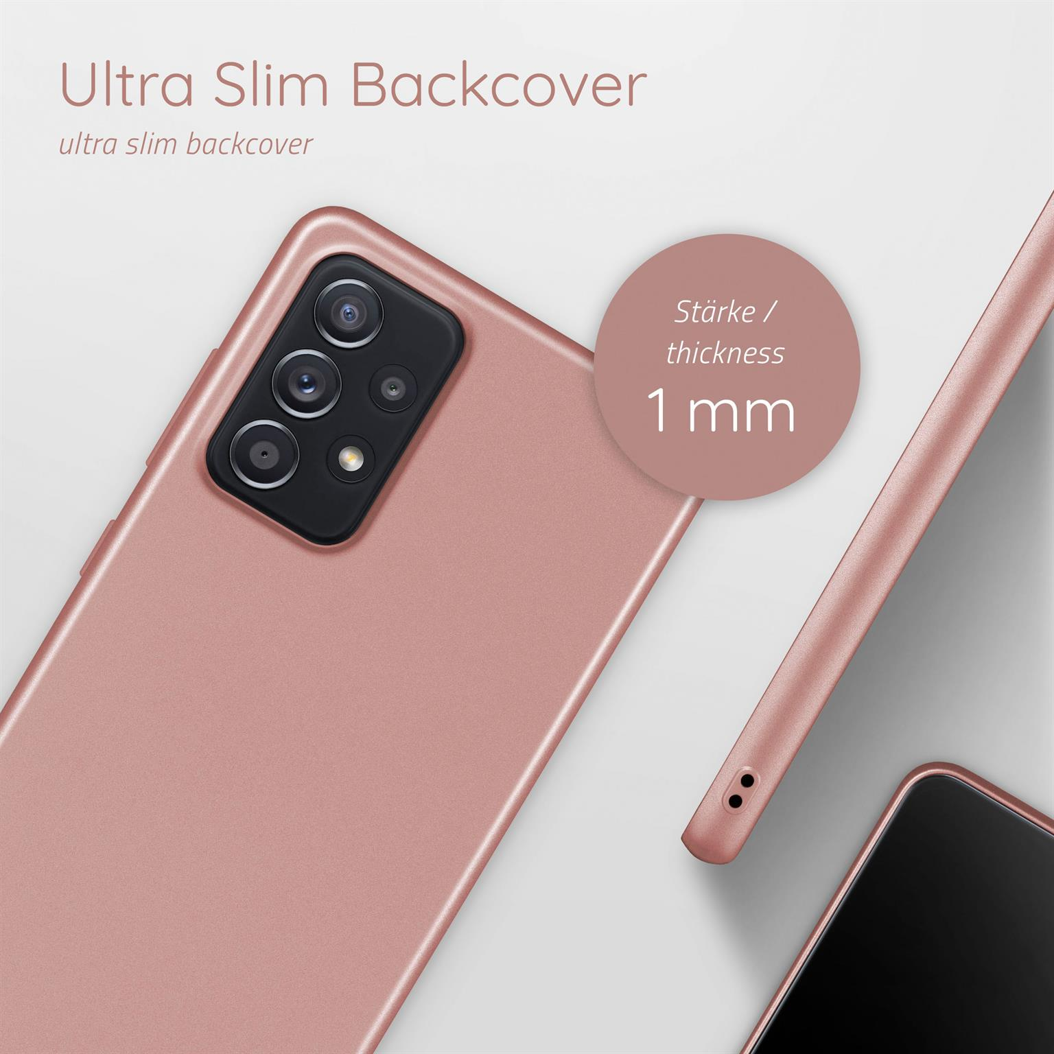 Telefon mit rosa Hülle, 1 mm dick. Text: Ultra Slim Backcover. Rosa Hintergrund und schwarzes Telefon.