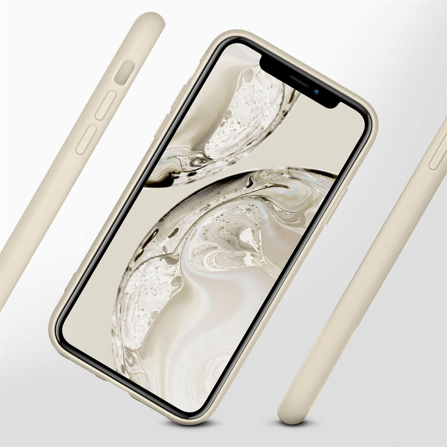 Telefon in beiger Hülle mit hellem Hintergrund und die Hülle in der Luft.