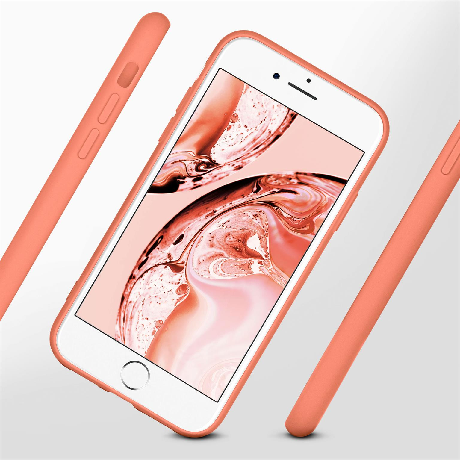 Pfirsichfarbenes Telefon mit Hülle. Drei Hüllen sichtbar.