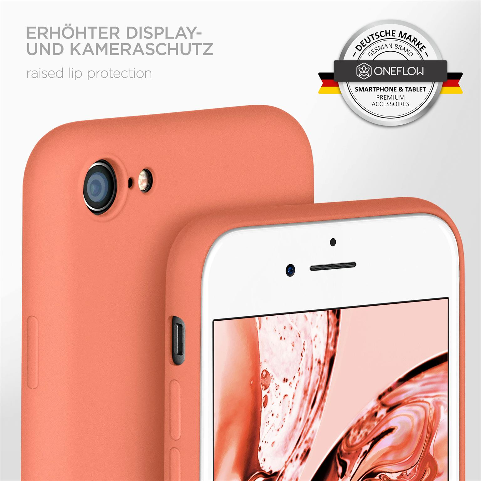 Eine hellorangefarbene Handyhülle bedeckt ein Telefon, erhöhte Kanten über der Kamera. Das Markenlogo ist oben rechts.