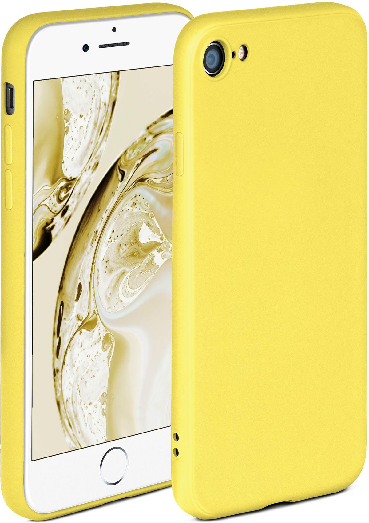 Gelbes Telefon in gelber Hülle. Weißer Hintergrund. Telefon zeigt Wellenmuster.