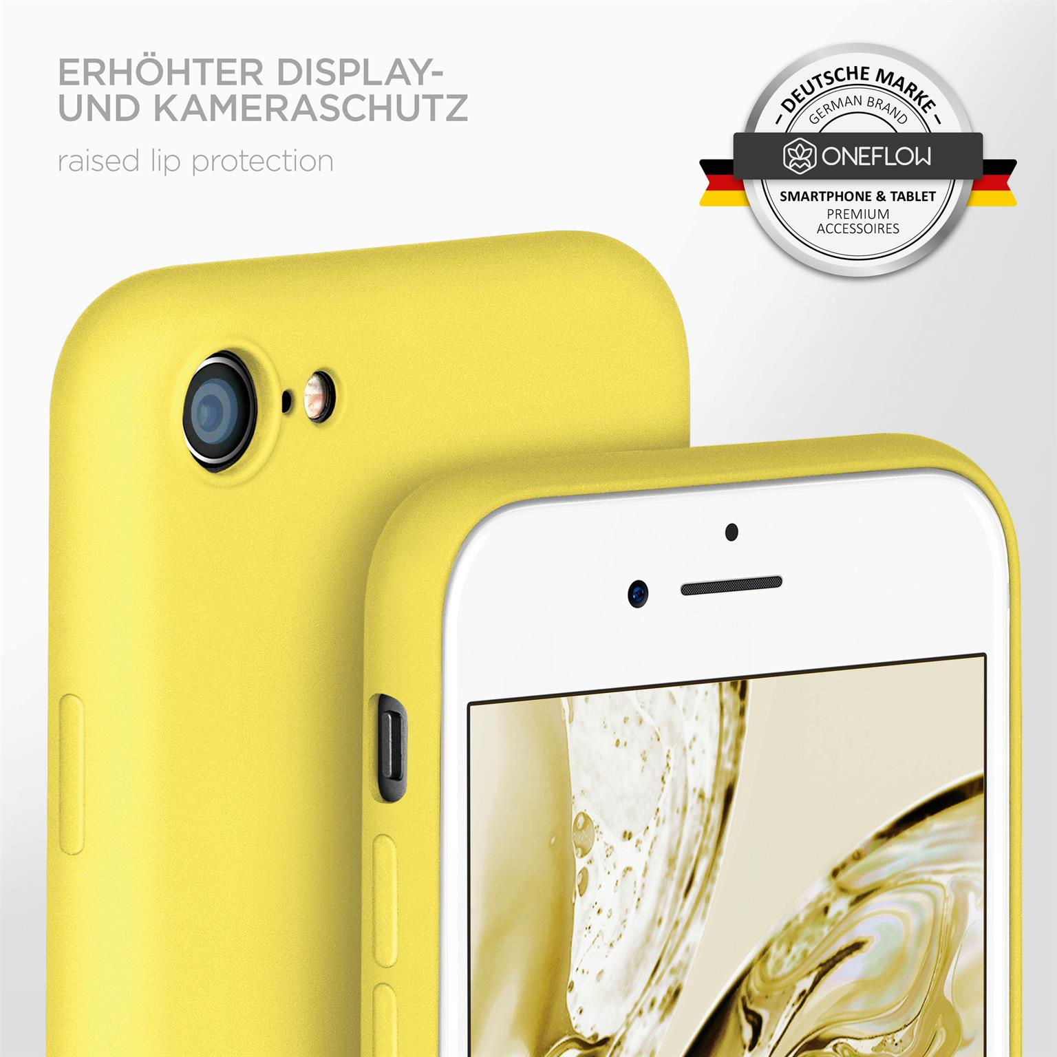 Gelbe Handyhülle auf Telefon. Weißes Telefon. Erhöhter Rand, Kameraschutz.