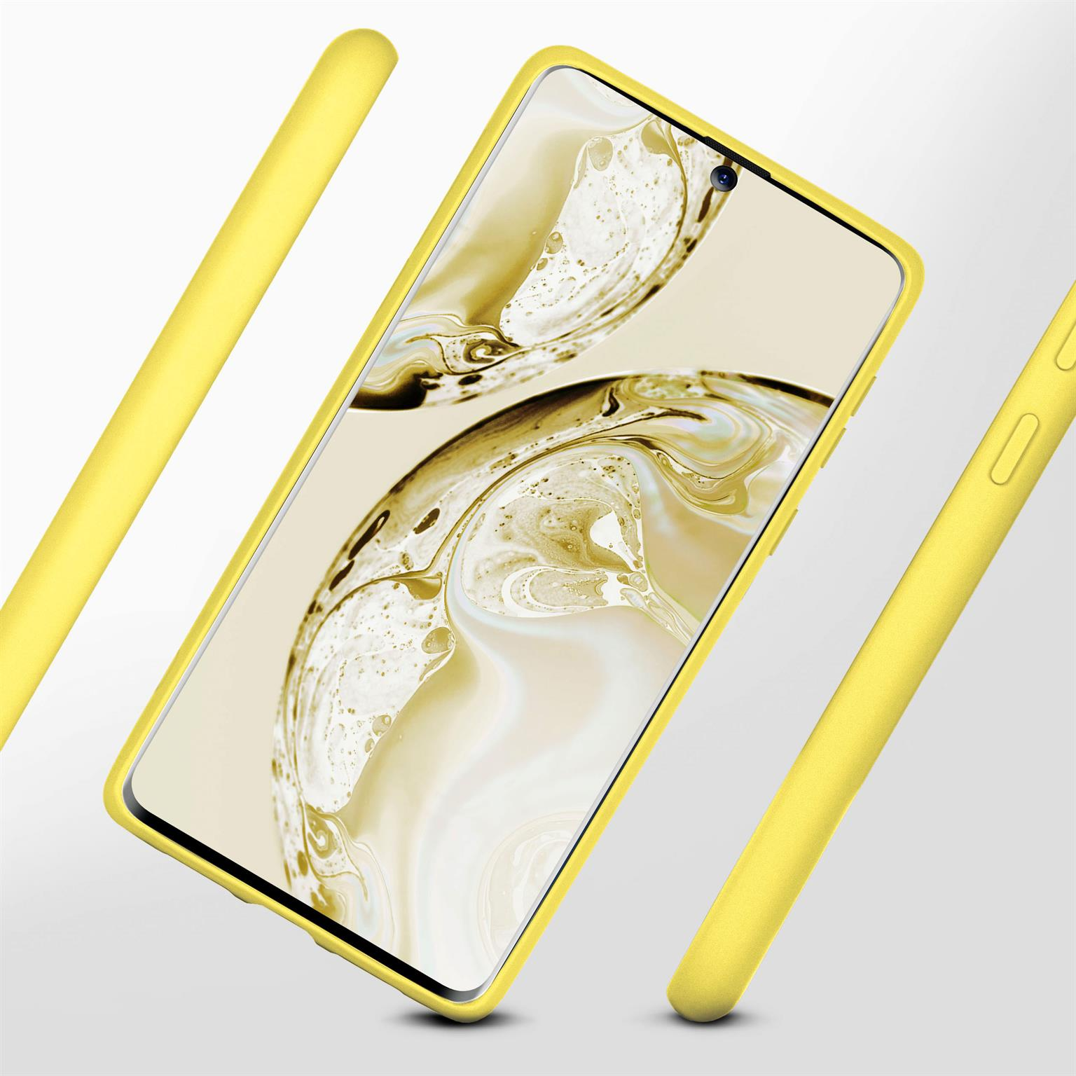 Gelbe Handyhülle mit einem Telefon. Der Bildschirm zeigt ein verschwommenes gelbes Bild.
