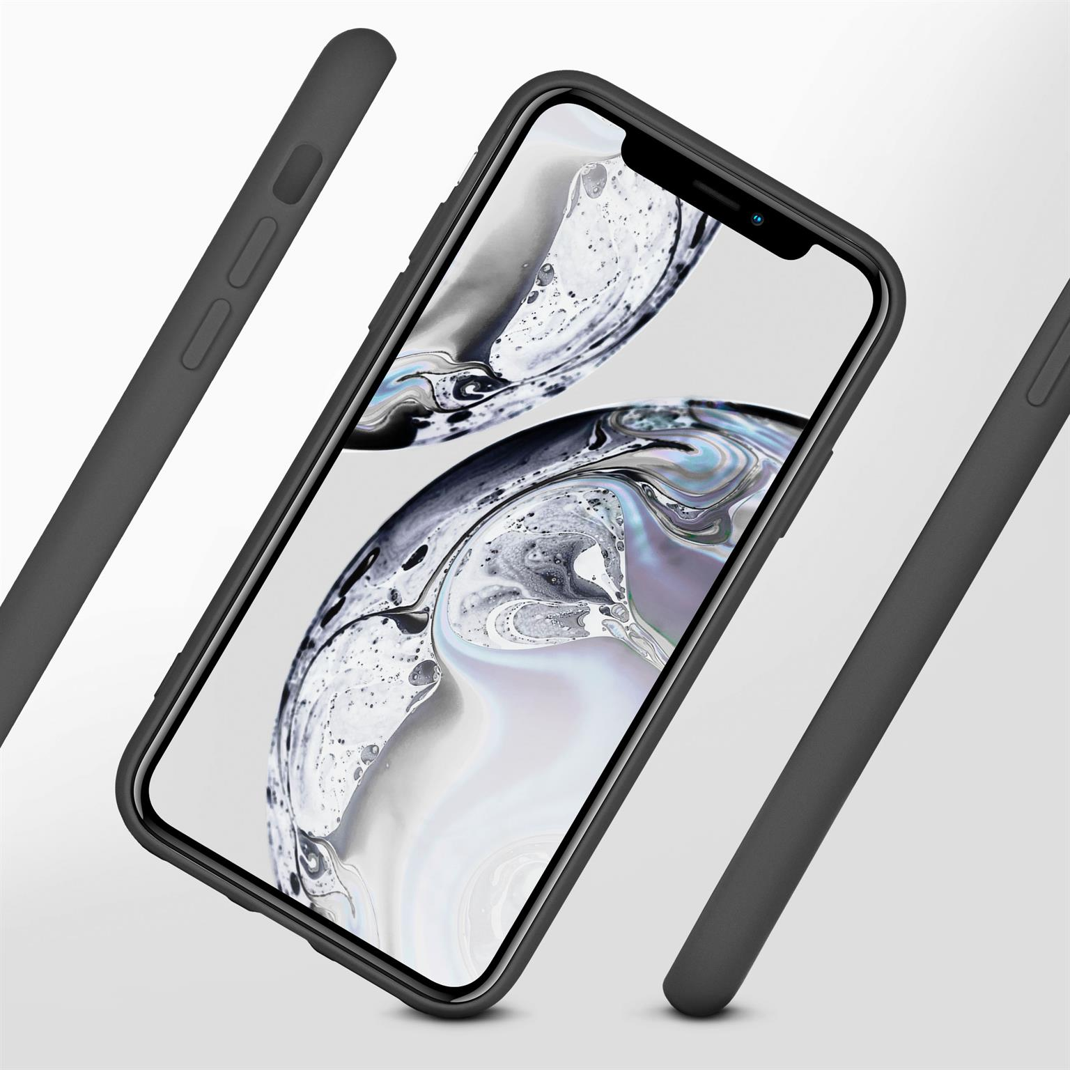 Schwarze Handyhülle mit Telefonbildschirm. Zusätzliche Gehäuseteile sind sichtbar. Der Hintergrund ist weiß.