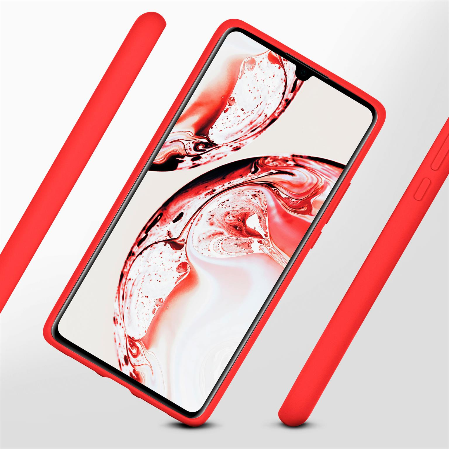 Rote Handyhülle auf einem Telefonbildschirm. Rote Linien an den Seiten. Weißer Hintergrund.