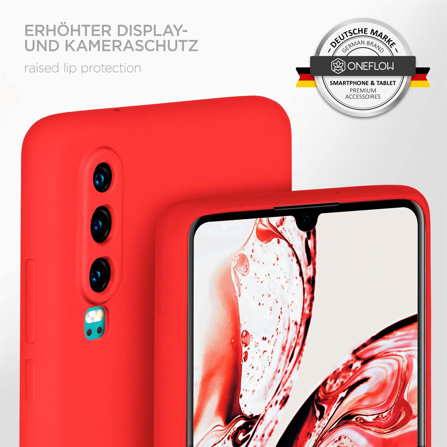 Rote Handyhülle mit erhöhtem Lippenschutz, Telefon innen.