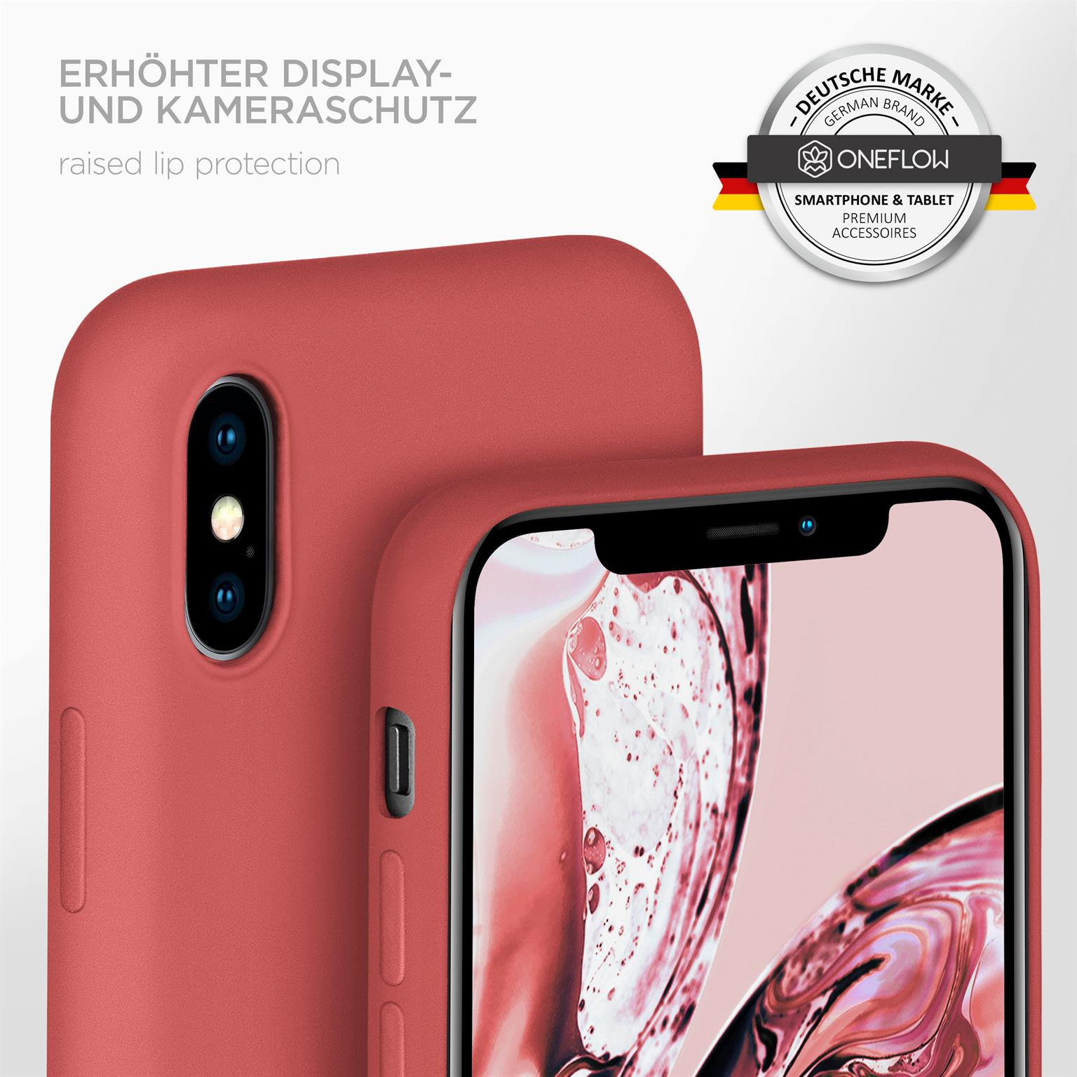 Eine rote Handyhülle schützt Kamera und Display des Telefons.