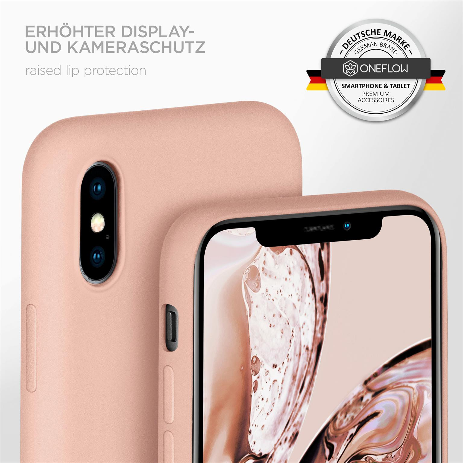Nahaufnahme einer rosa Handyhülle auf einem Telefon. Die Hülle hat einen erhöhten Lippenschutz.
