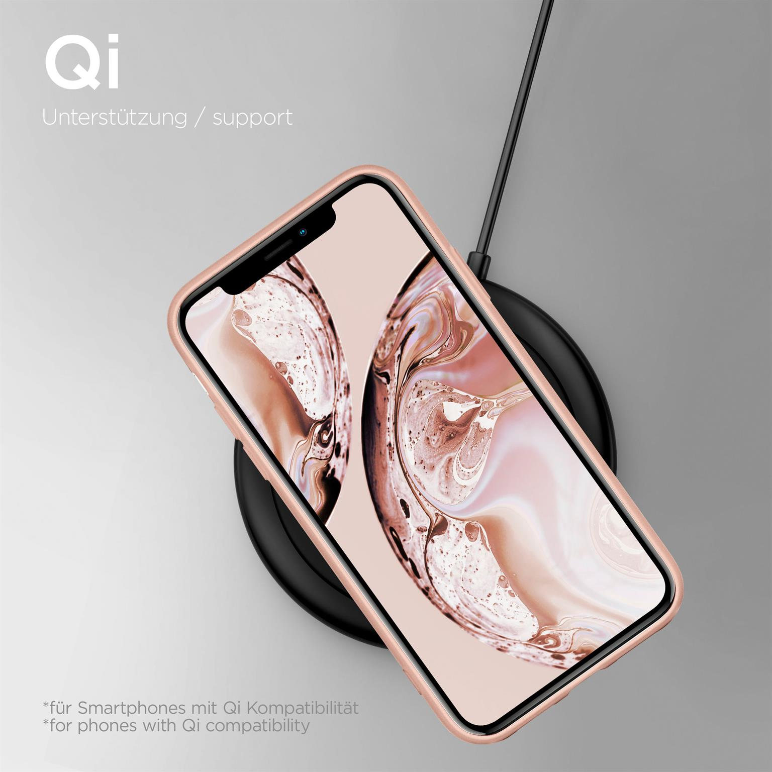 Ein Telefon in einer rosa Hülle auf einem kabellosen Ladegerät. Text über Qi-Unterstützung.