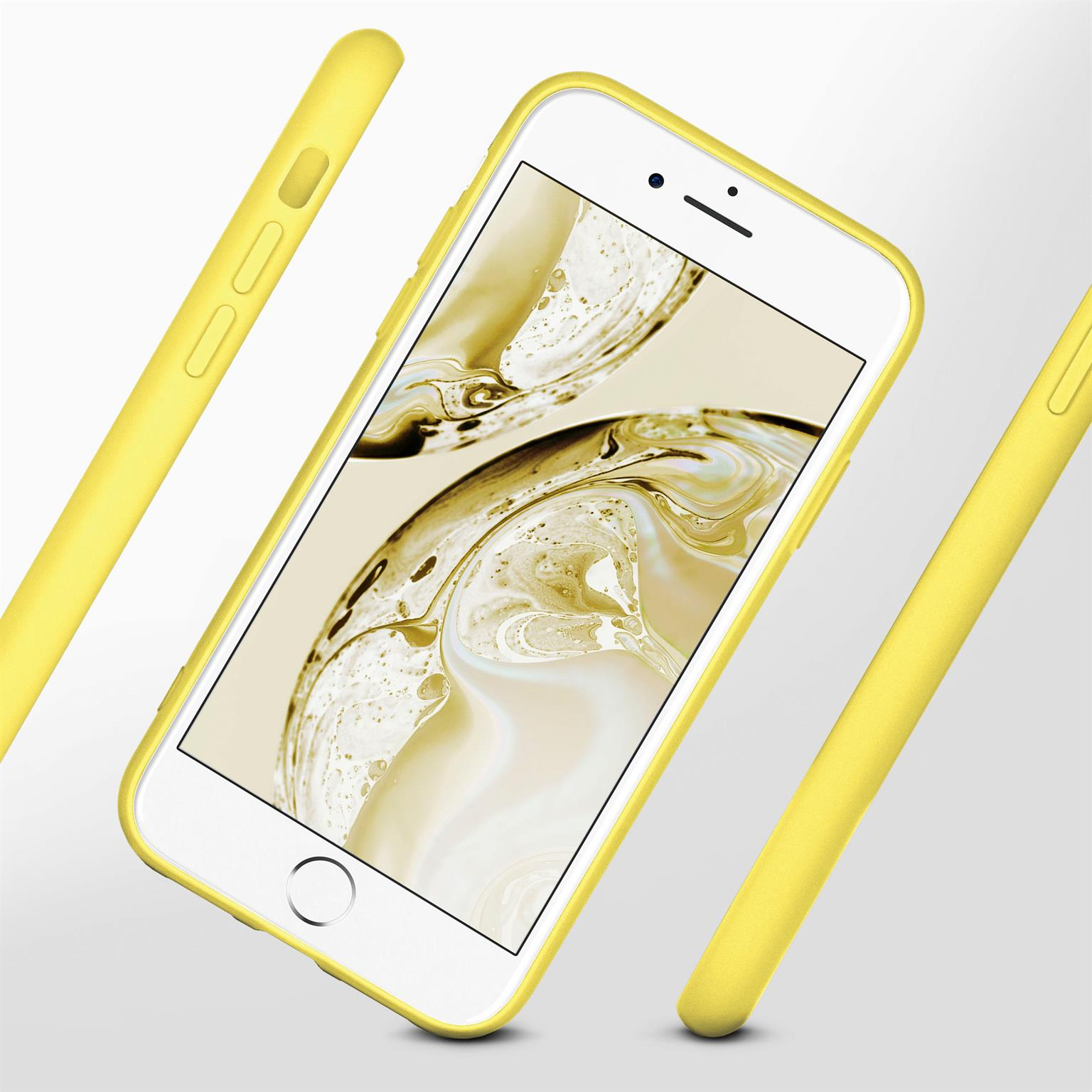 Gelbe Handyhülle um ein weißes Telefon. Andere Gehäuseteile und ein Telefon im Hintergrund.