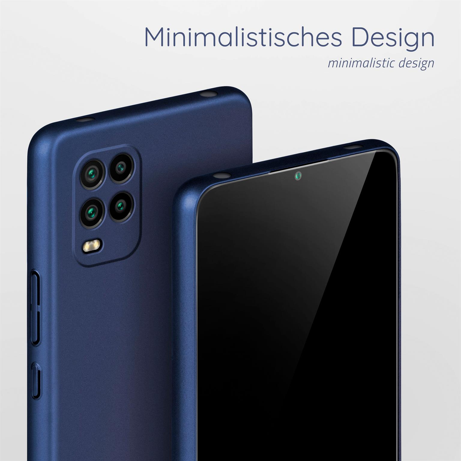Eine blaue Handyhülle mit Kameraausbuchtung. Ein Telefon ist in der Hülle. Das Design ist minimalistisch.