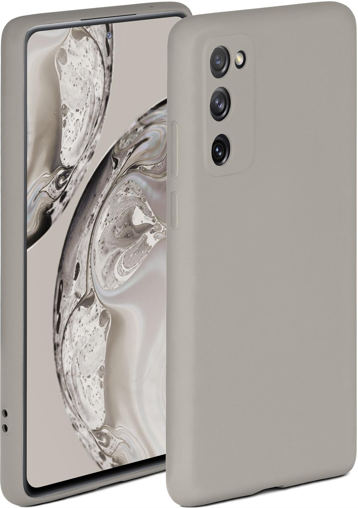 Telefon in einer beigen Hülle, Bildschirm zeigt ein farbenfrohes Bild. Der Hintergrund ist weiß.