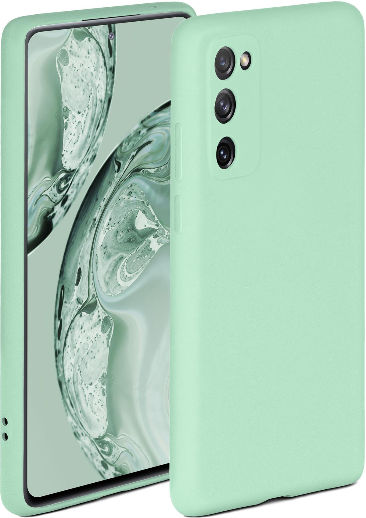 Minzfarbene Handyhülle. Telefon im Inneren, mit sichtbar dem Bildschirm. Weißer Hintergrund.