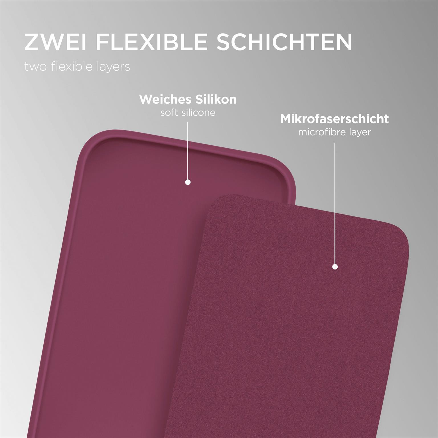 Weinrote Handyhülle und Mikrofaserschicht. Text: zwei flexible Schichten, weiches Silikon.